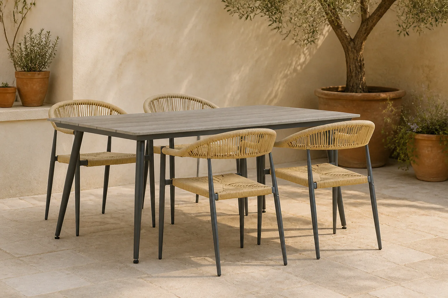 Sfeerfoto van De Laan Projects Laan Granada/Matale 180 cm dining tuinset 5-delig – Taupe-naturel-bruin