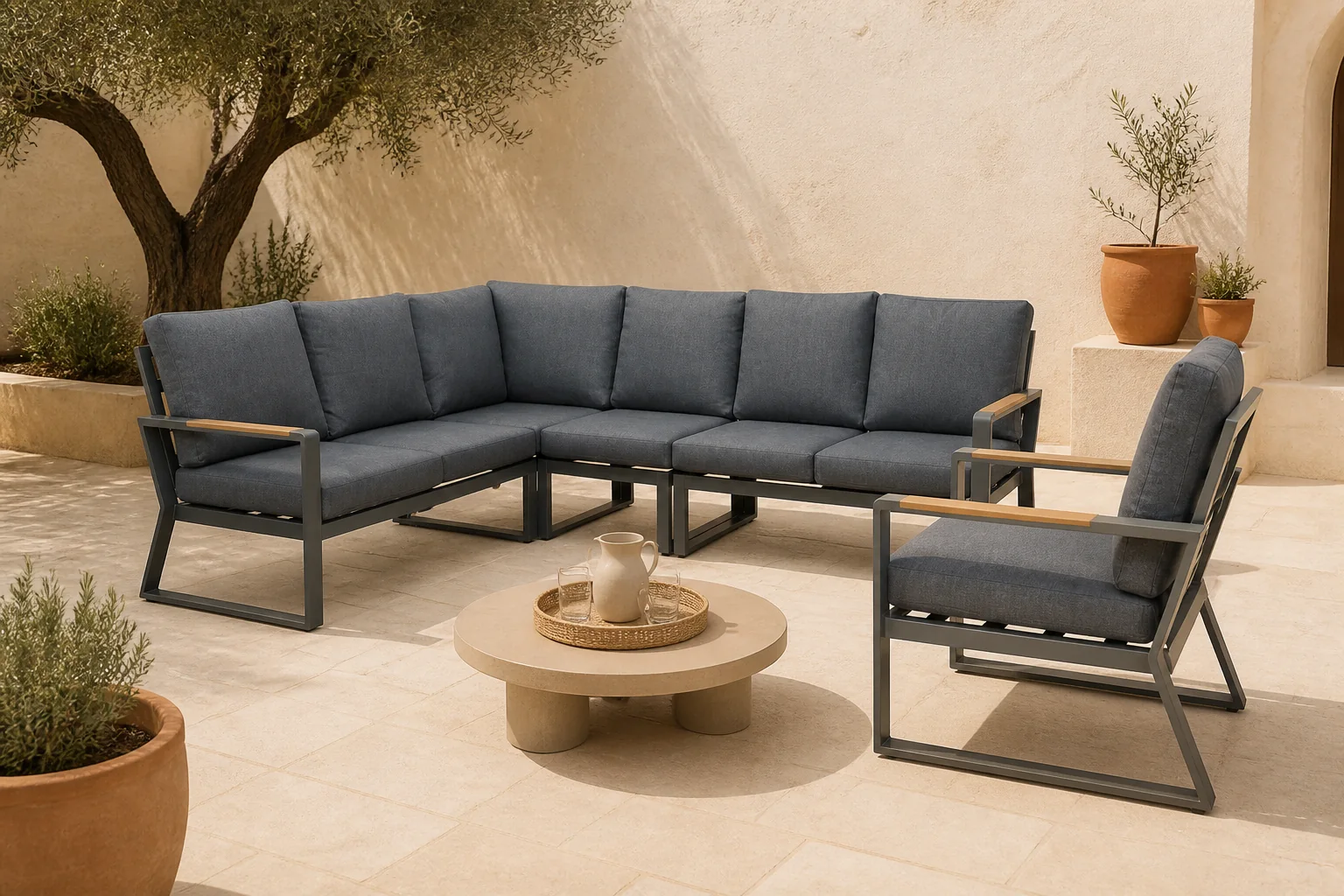 Sfeerfoto van LUX outdoor living Vancouver hoek loungeset met stoel 6 personen | aluminium + polywood | antraciet | 6-delig 270x210cm