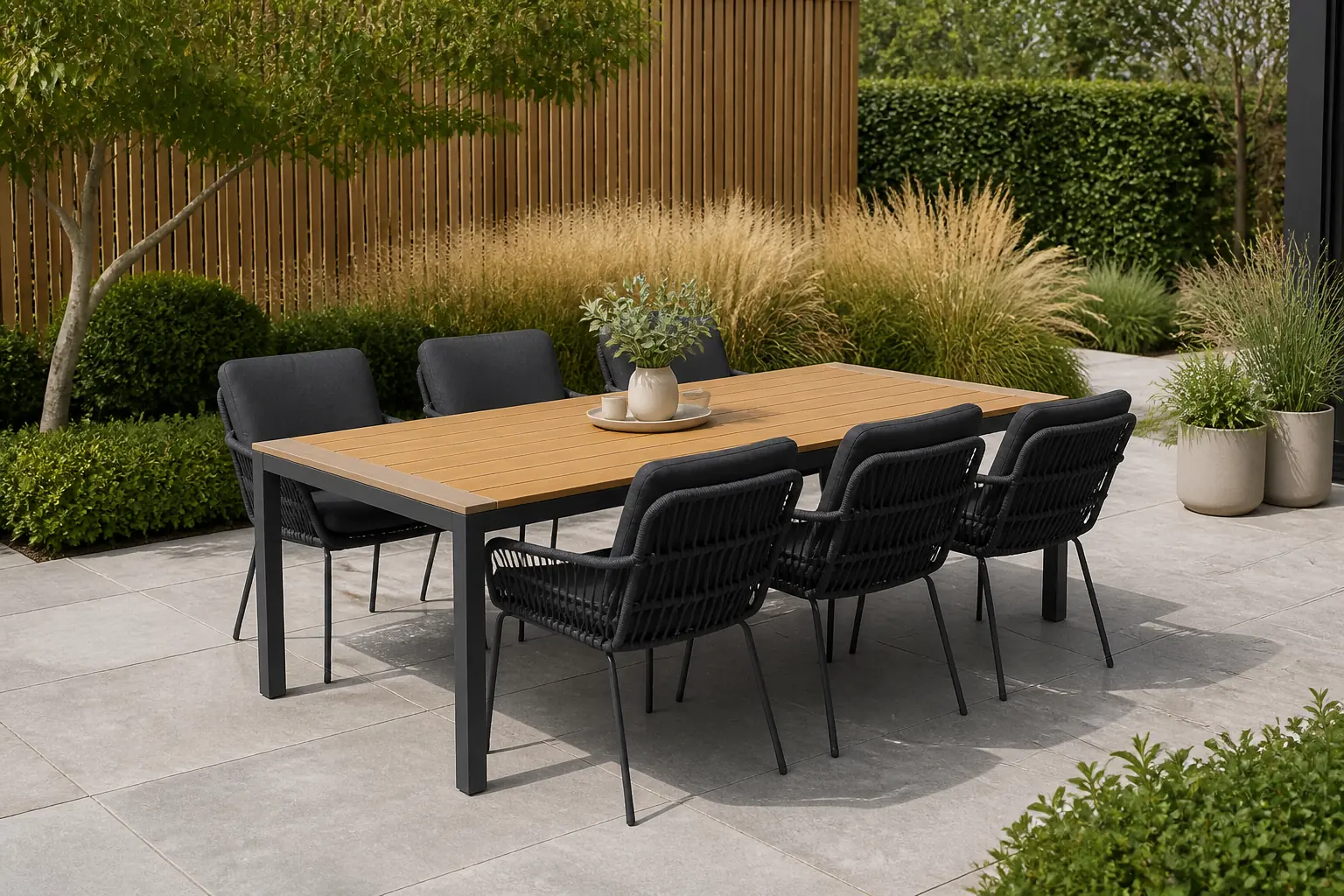 Sfeerfoto van LUX outdoor living Delta/Harper Lava Grey dining tuinset | 6 personen | teakhout + touw | 220cm – Grijs