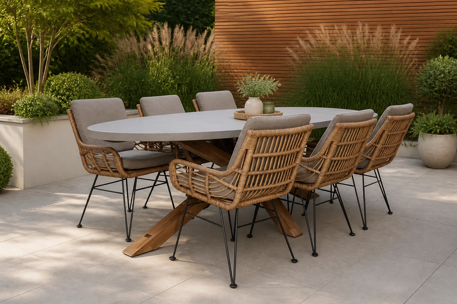 Sfeerfoto van BUITEN living Livorno/Carlos taupe dining tuinset | 6 personen | betonlook + hardhout | 240cm – Taupe – Naturel – Bruin, Light Teak, Betonlook