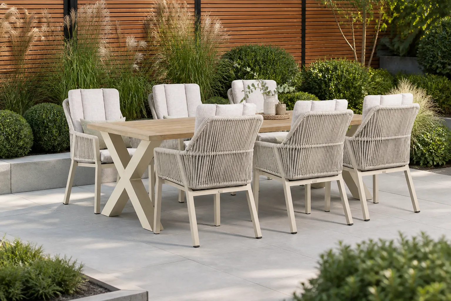 Sfeerfoto van Lifestyle Garden Furniture Verona/Cardiff 240 cm dining tuinset 7-delig – Taupe-naturel-bruin