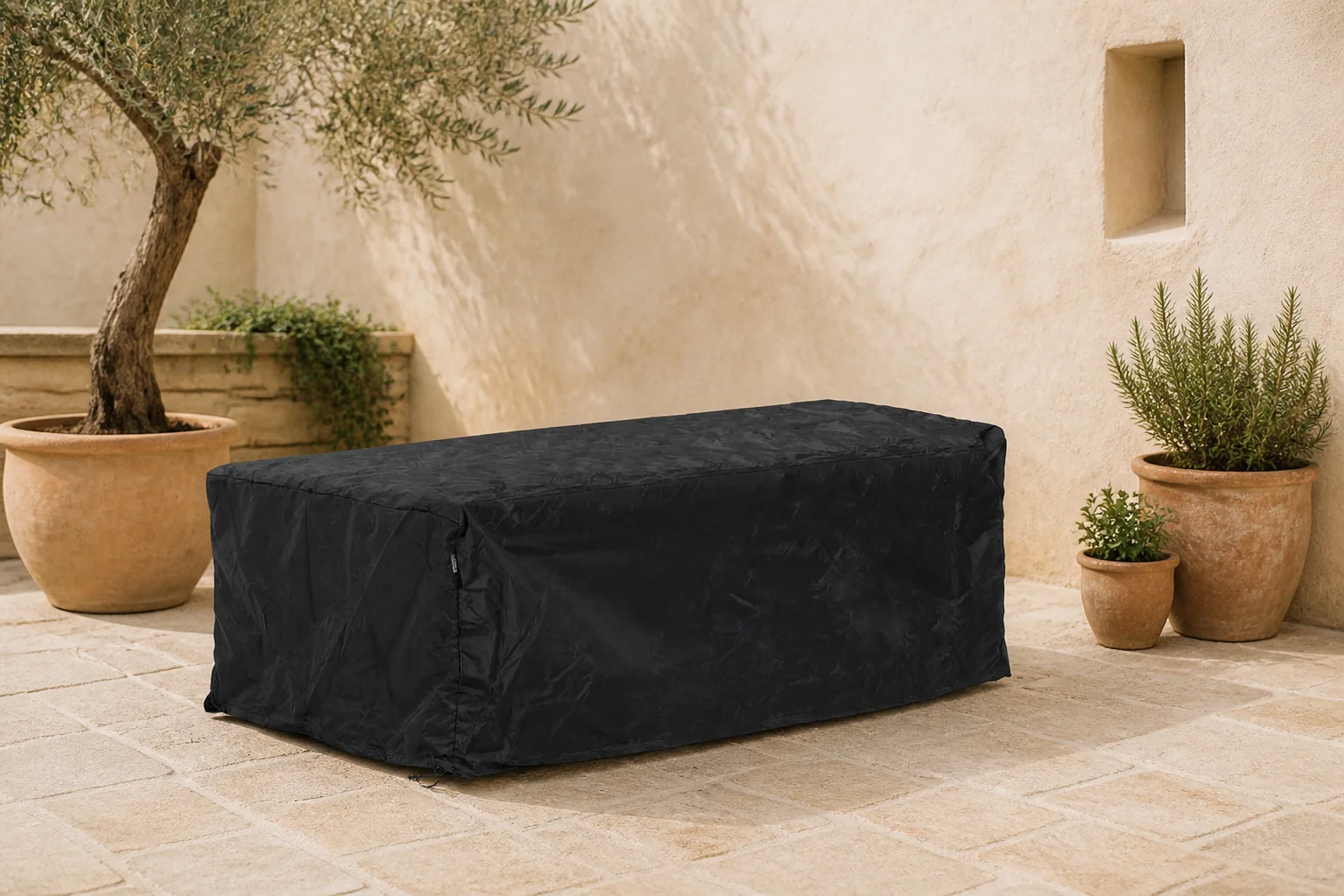 Sfeerfoto van Outdoor Cover vuurtafelhoes 130 x 90 x (h) 56 cm – Zwart