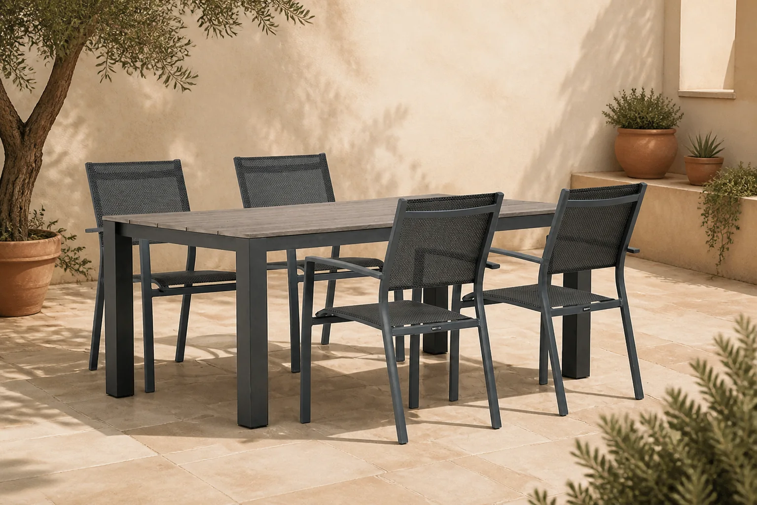 Sfeerfoto van Lifestyle Garden Furniture Sella/Valley 180 cm dining tuinset 5-delig – Grijs-antraciet
