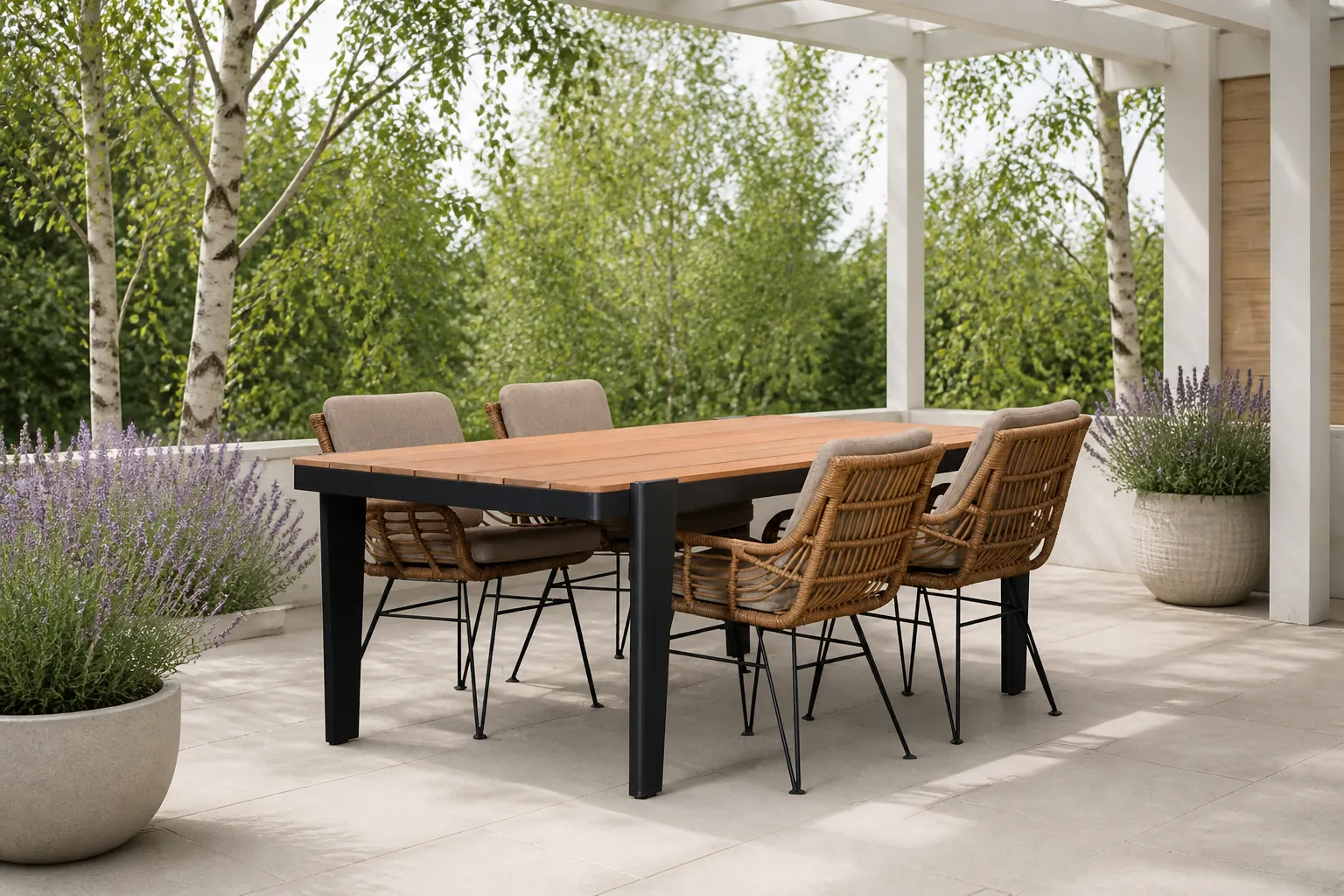 Sfeerfoto van LUX outdoor living Vigo/Carlos taupe dining tuinset | 4 personen | teakhout + wicker | 200cm