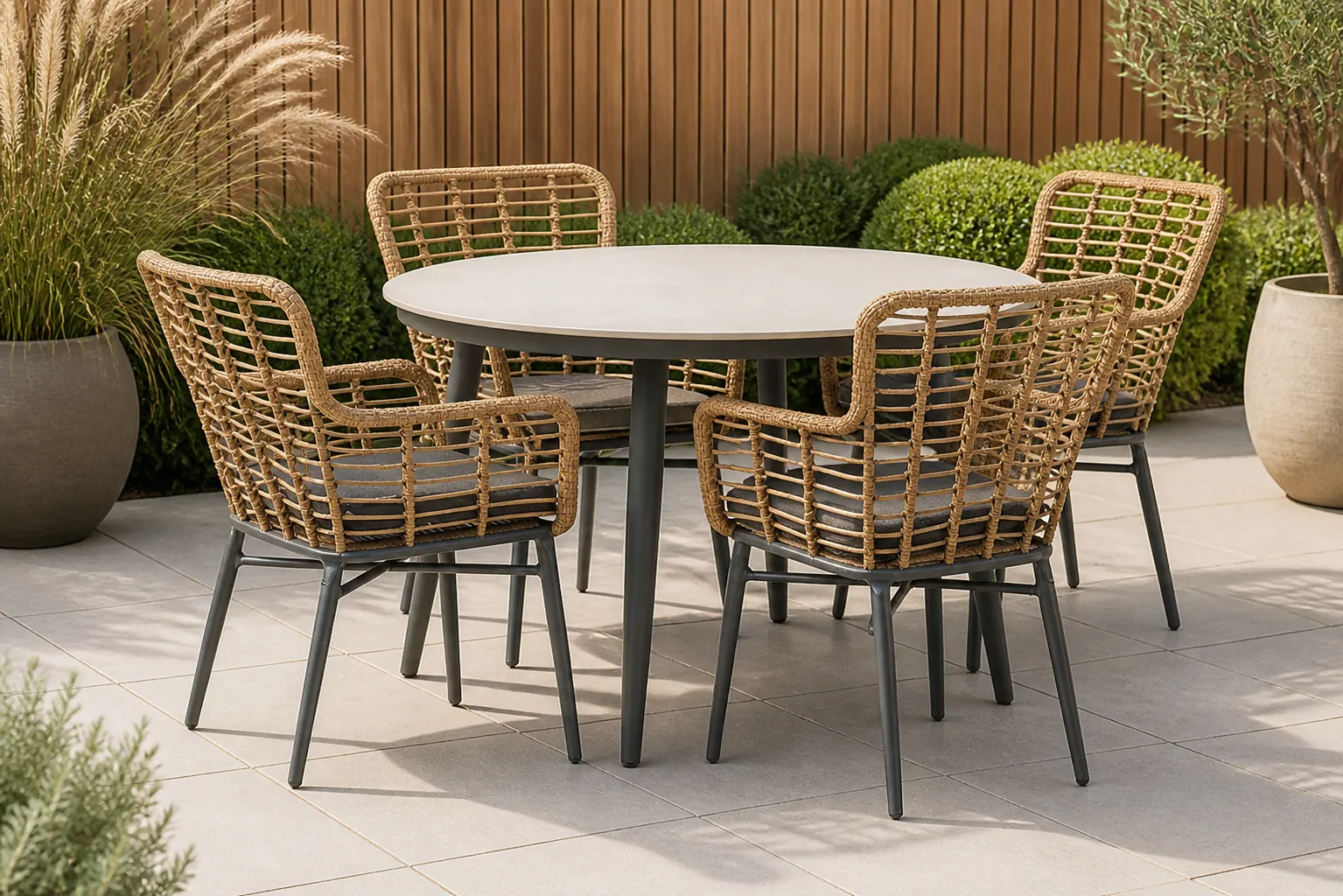 Sfeerfoto van Lifestyle Garden Furniture Toledo/Vienna 120 cm dining tuinset 5-delig – Taupe-naturel-bruin
