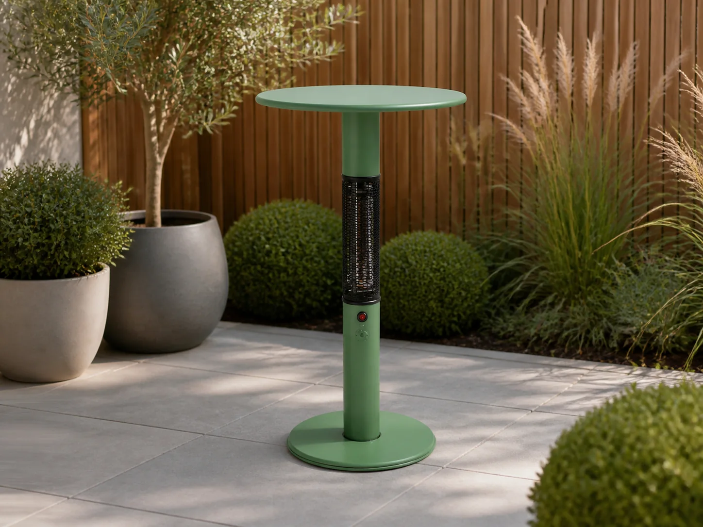 Sfeerfoto van Monti HeatLine + 15% kassakorting | Vibe bartafel met terrasverwarmer 1500W ø60cm (h: 110cm) – Groen