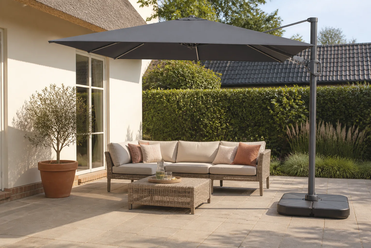 Sfeerfoto van Platinum Sun & Shade | Zweefparasol Challenger T² Glow 300 x 300 cm | Antraciet