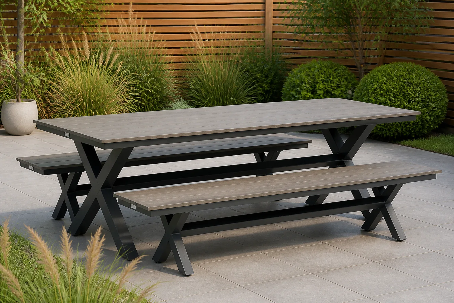 Sfeerfoto van Lifestyle Garden Furniture Forest/Forest 240 cm dining tuinset 3-delig – Grijs-antraciet