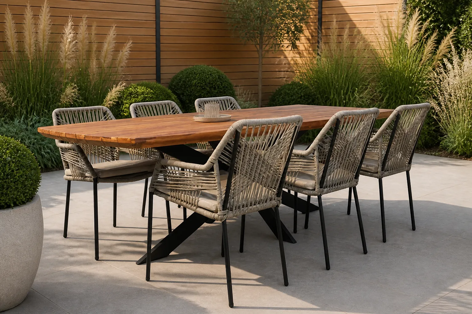 Sfeerfoto van LUX outdoor living Salo/Seville zand dining tuinset | 6 personen | hardhout + touw | 240cm