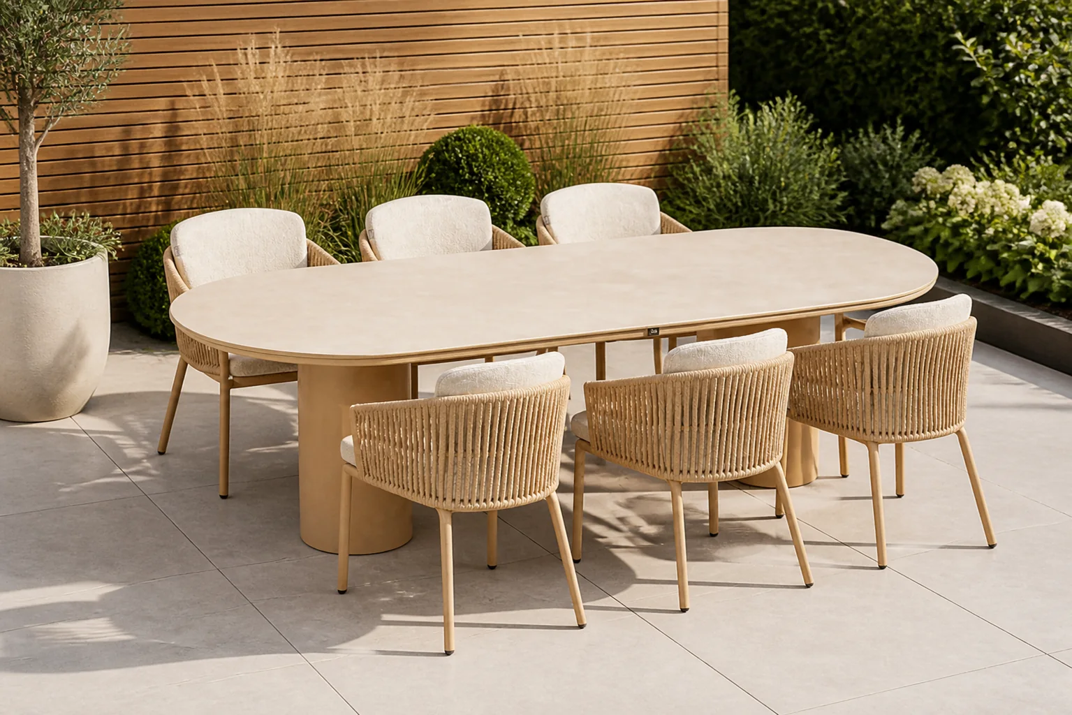 Sfeerfoto van Hartman Sevilla/Valencia 220×100 cm dining tuinset 7-delig – Taupe-naturel-bruin