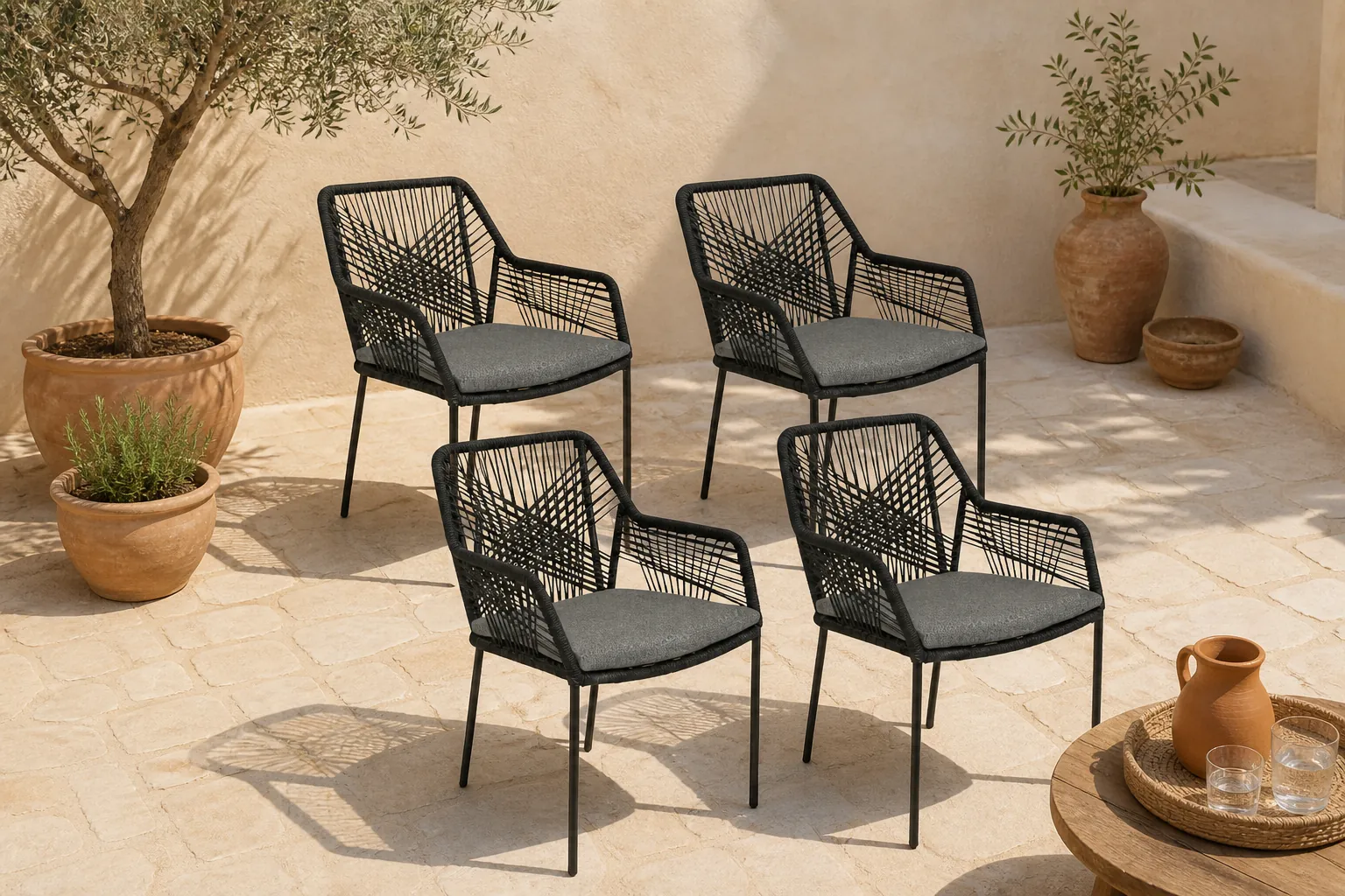 Sfeerfoto van BUITEN living Seville dining tuinstoel set van 4 | touw + staal | zwart