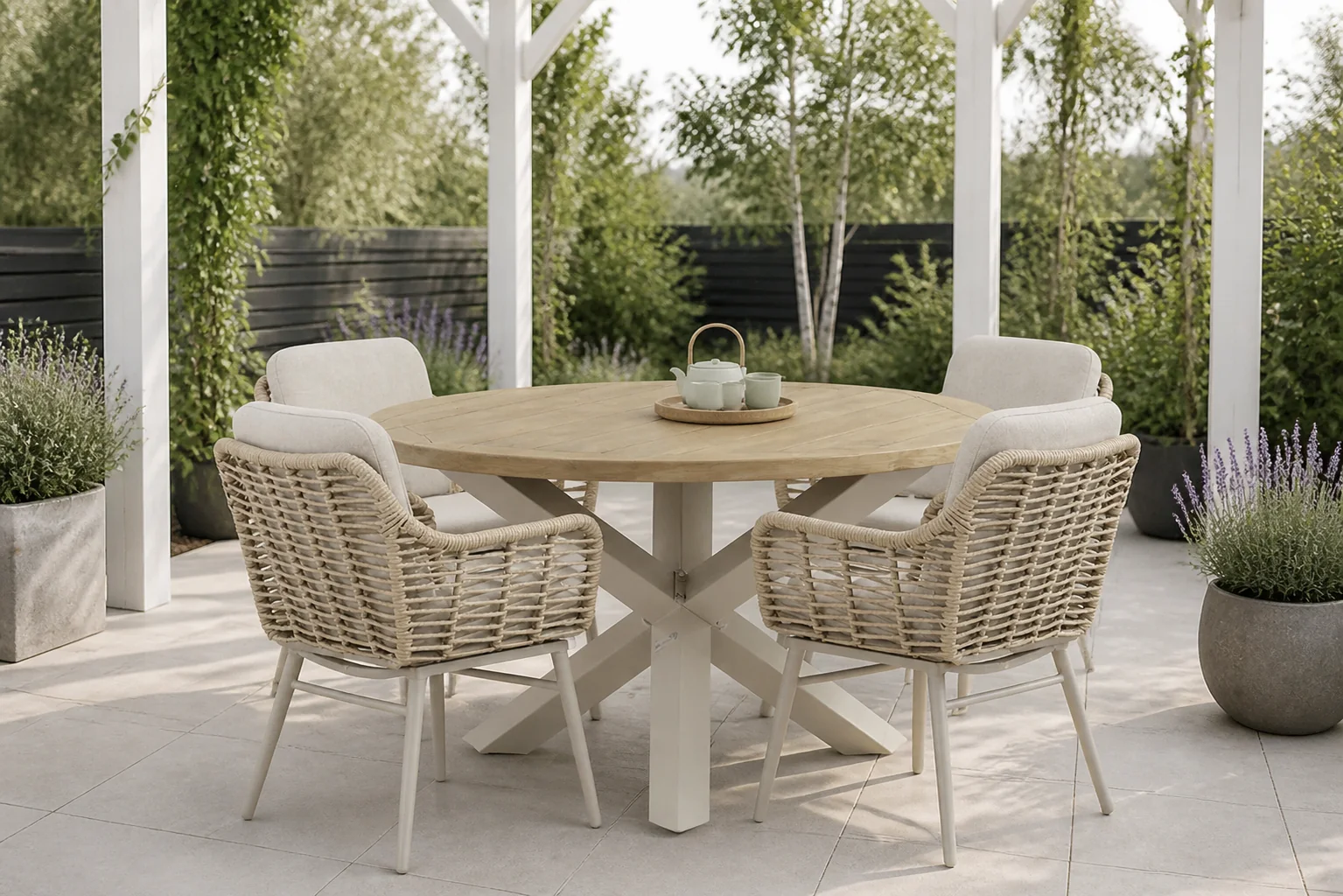 Sfeerfoto van Coco Antoni/Rockville 120 cm dining tuinset 5-delig – Taupe-naturel-bruin