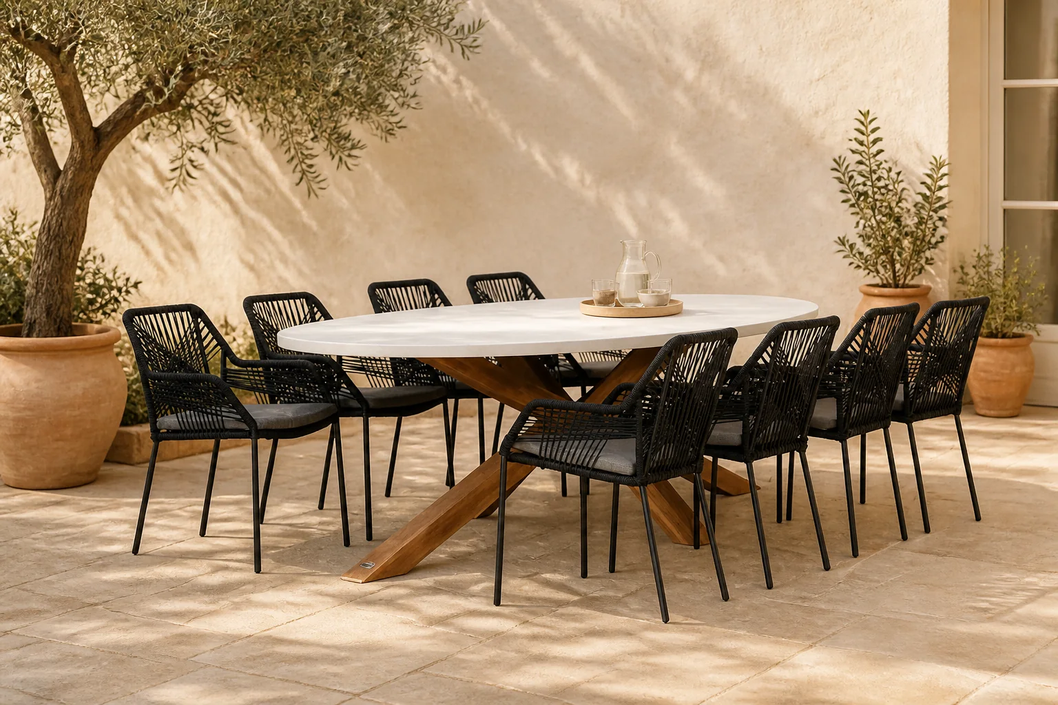 Sfeerfoto van BUITEN living Livorno/Seville zwart dining tuinset | 8 personen | betonlook + touw | 280cm ovaal – Light Teak, Betonlook, Zwart