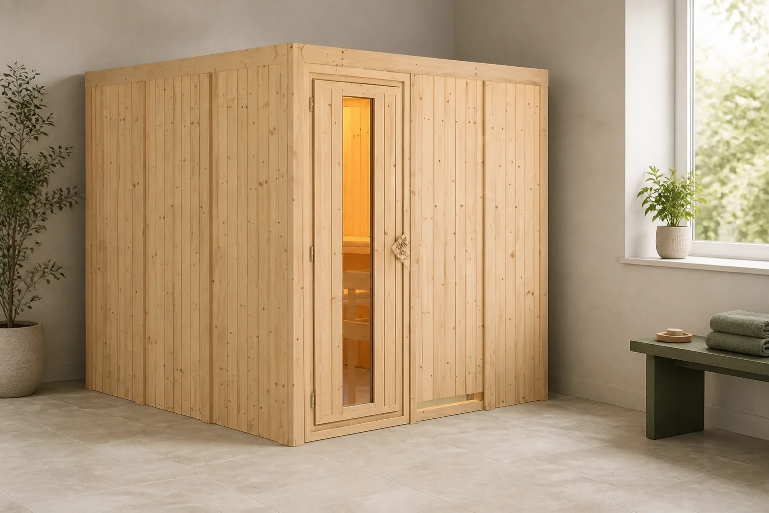 Sfeerfoto van Karibu | Rodin Sauna met Dakkraag | Bronzeglas Deur | Kachel 9 kW Geïntegreerde Bediening