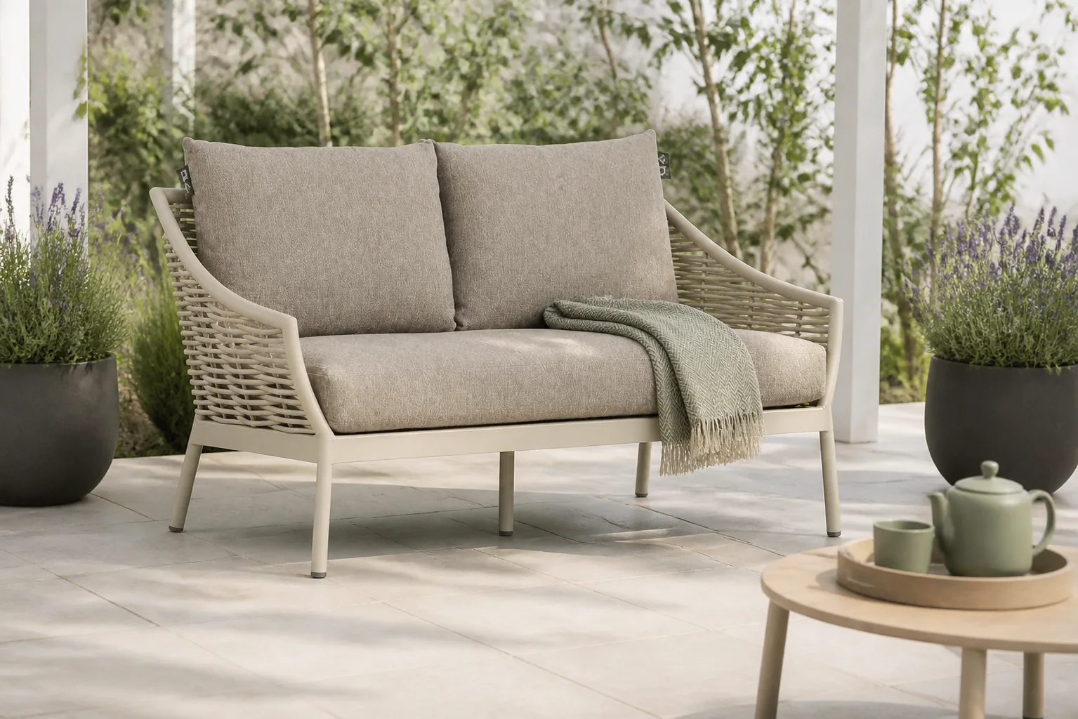 Sfeerfoto van Apple Bee Milou 2-zits loungebank 145 cm – Taupe-naturel-bruin