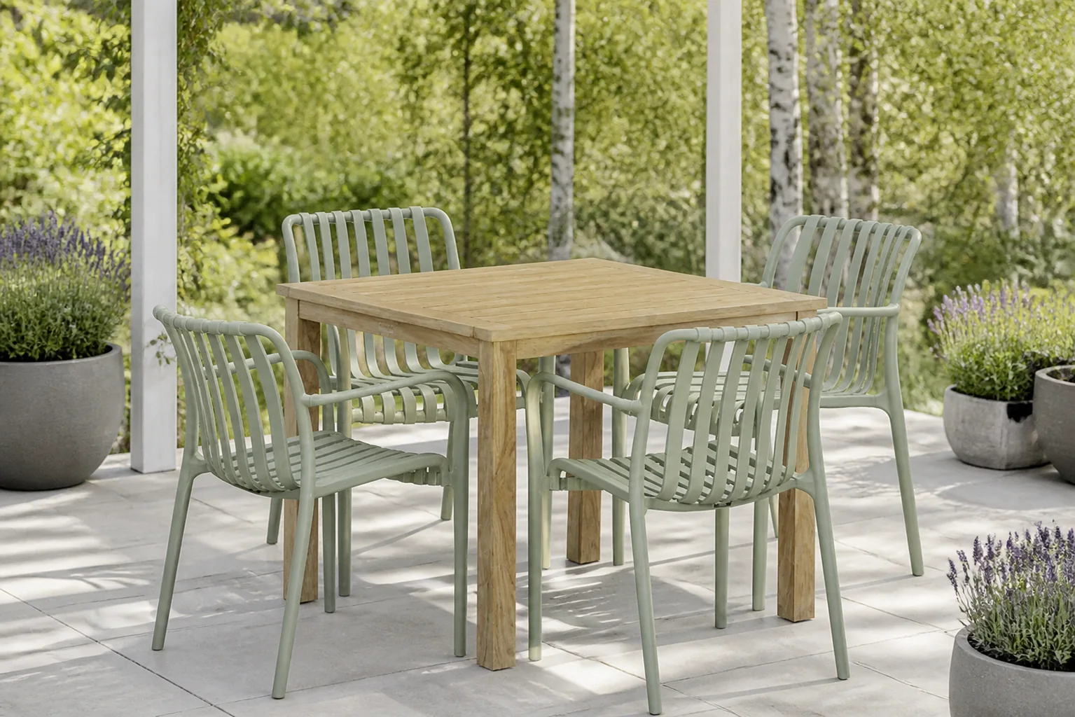 Sfeerfoto van Domani Furniture Alba/Weston 90×90 cm dining tuinset 5-delig – Groen