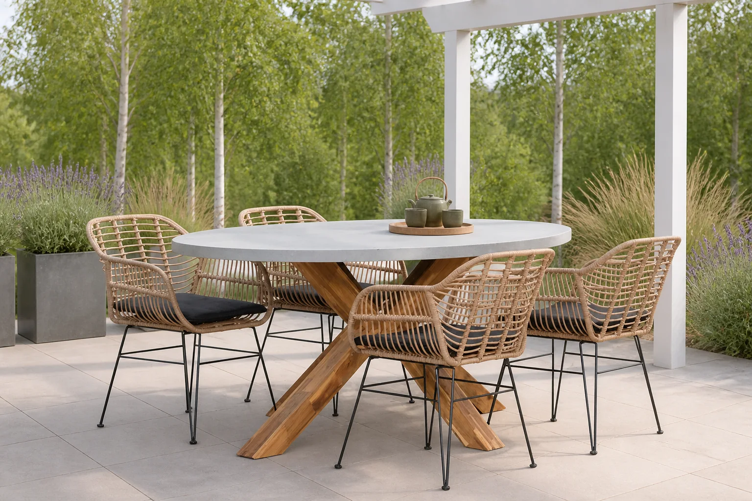 Sfeerfoto van BUITEN living Livorno/Lola dining tuinset | 4 personen | betonlook + wicker | 200cm ovaal – Light Teak, Betonlook, Antraciet