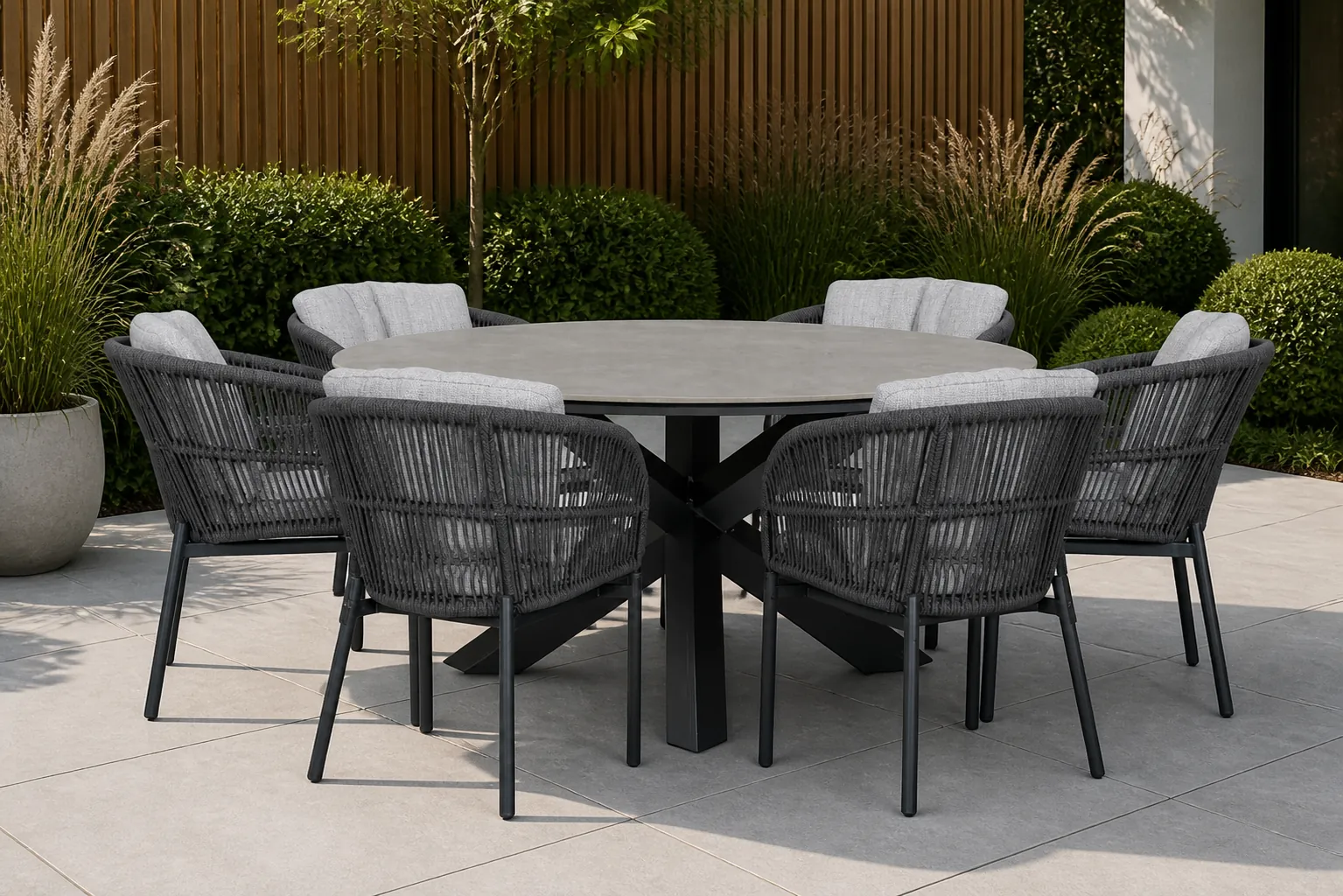 Sfeerfoto van Lifestyle Garden Furniture Monaco/Xento 150 cm dining tuinset 7-delig – Grijs-antraciet