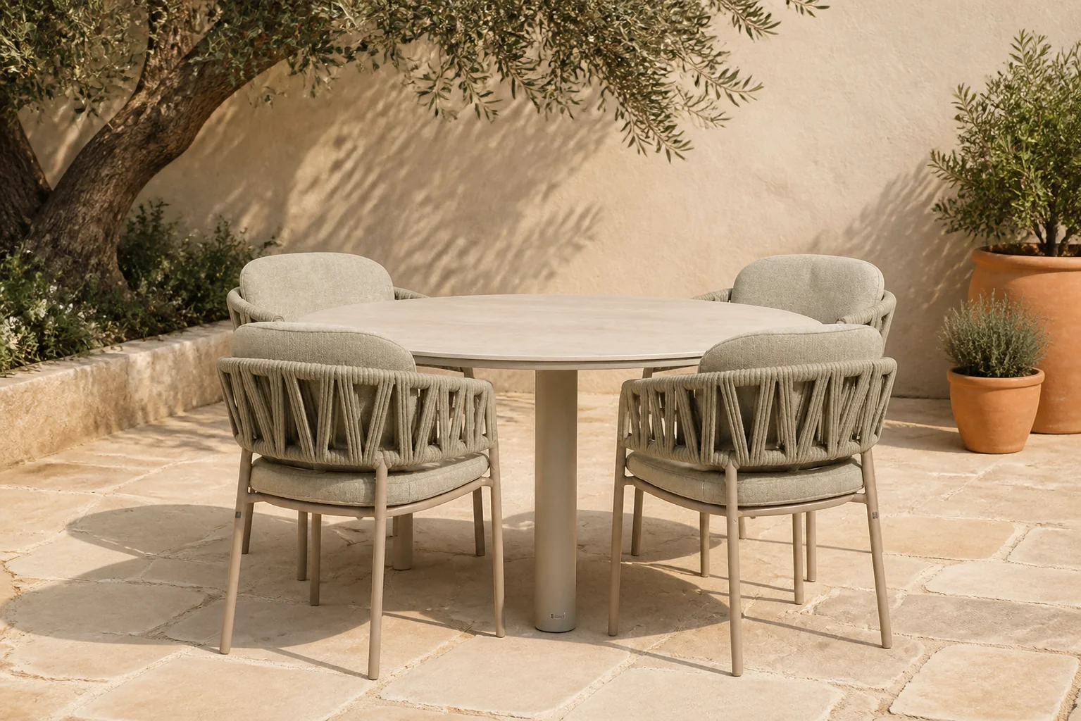 Sfeerfoto van 4 Seasons Outdoor Calma/Trino 140 cm dining tuinset 5-delig – Zand/Beige