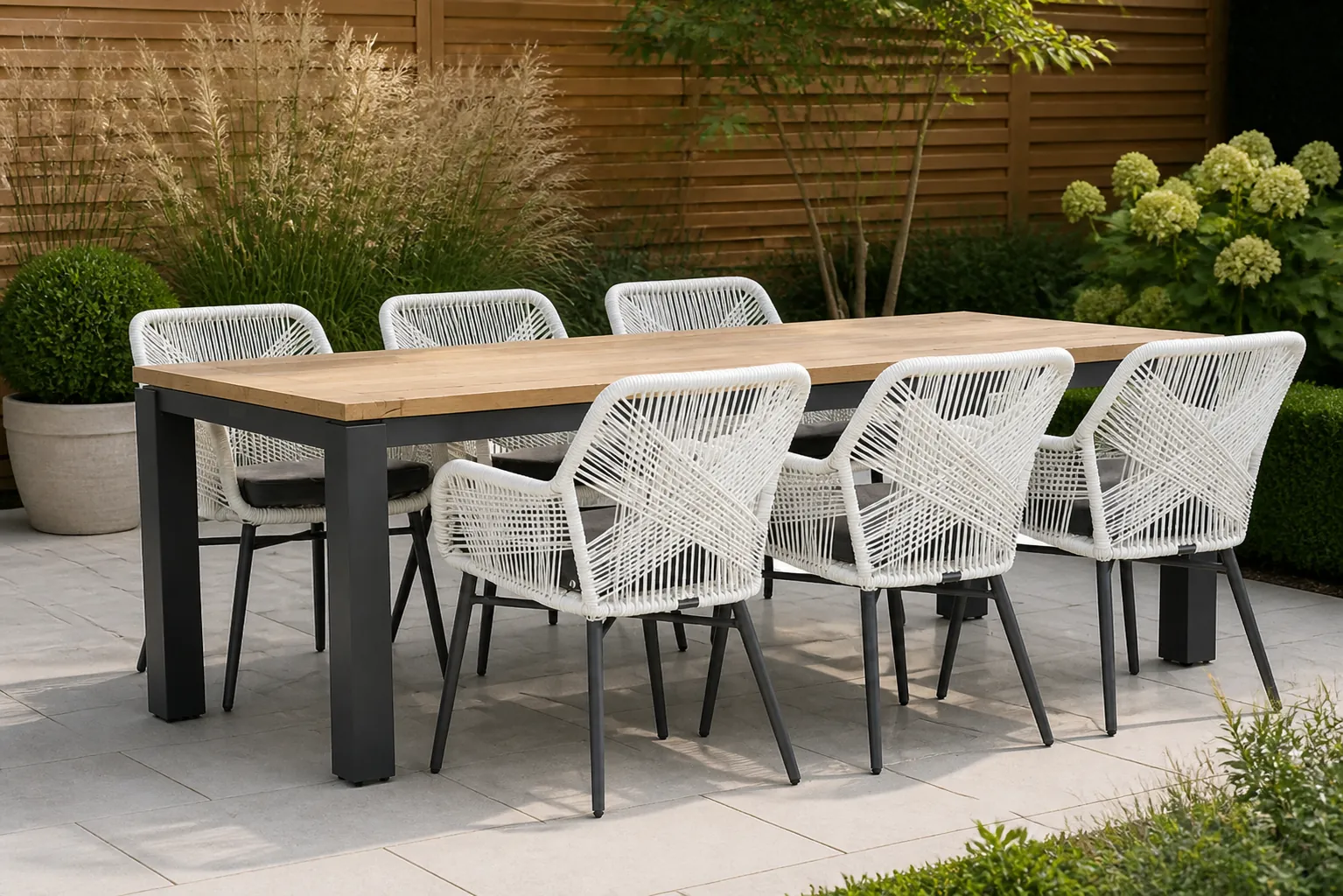 Sfeerfoto van Lifestyle Garden Furniture Advance/Veneto 230 cm dining tuinset 7-delig – Wit