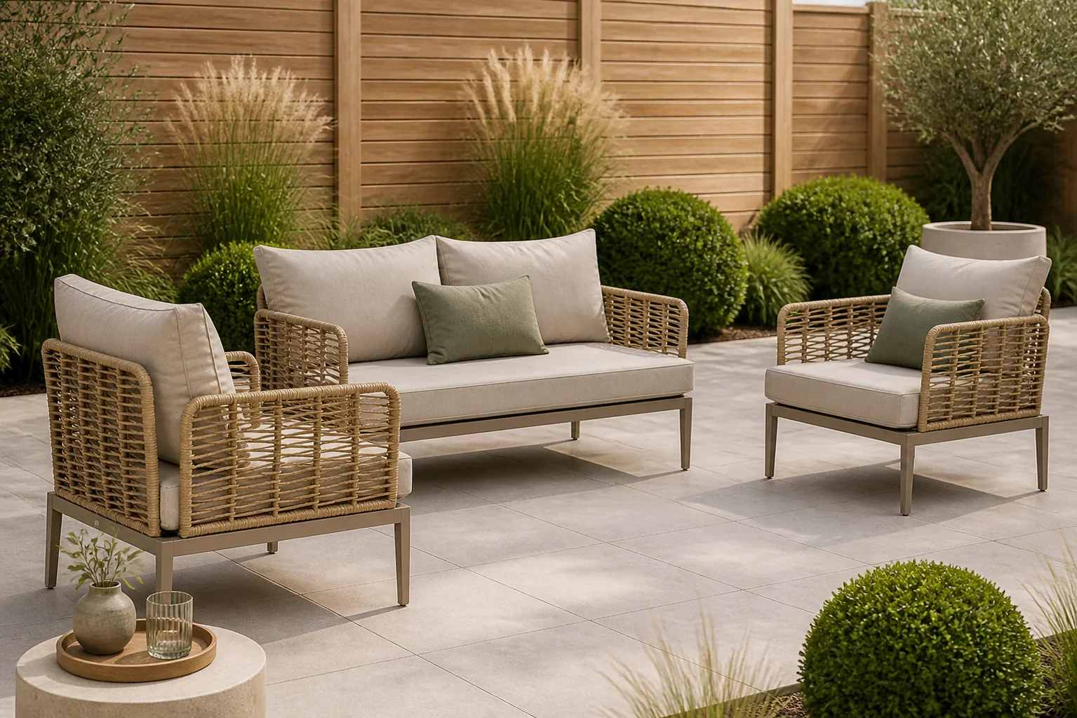 Sfeerfoto van Coco Ibiza stoel-bank loungeset 3-delig – Taupe-naturel-bruin