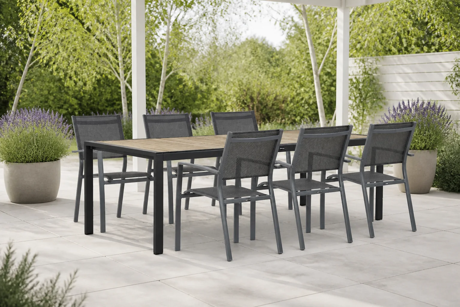 Sfeerfoto van Lifestyle Garden Furniture Sella/Valence 240 cm dining tuinset 7-delig – Grijs-antraciet