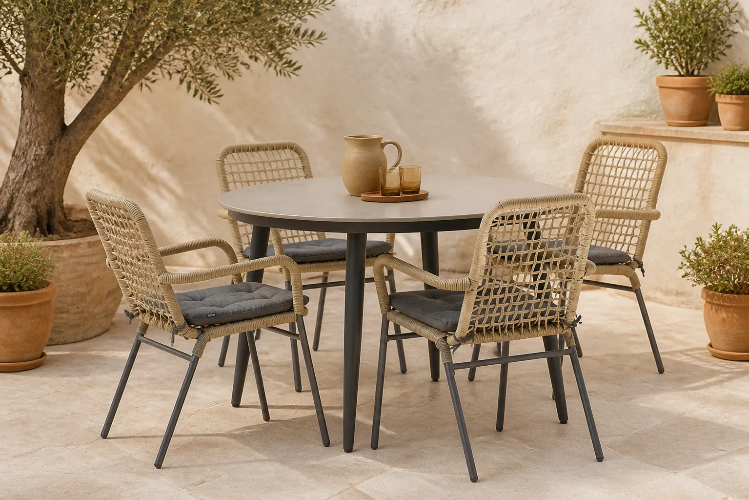 Sfeerfoto van De Laan Projects Lifestyle Catalone/Vienna 120 cm dining tuinset 5-delig – Taupe-naturel-bruin