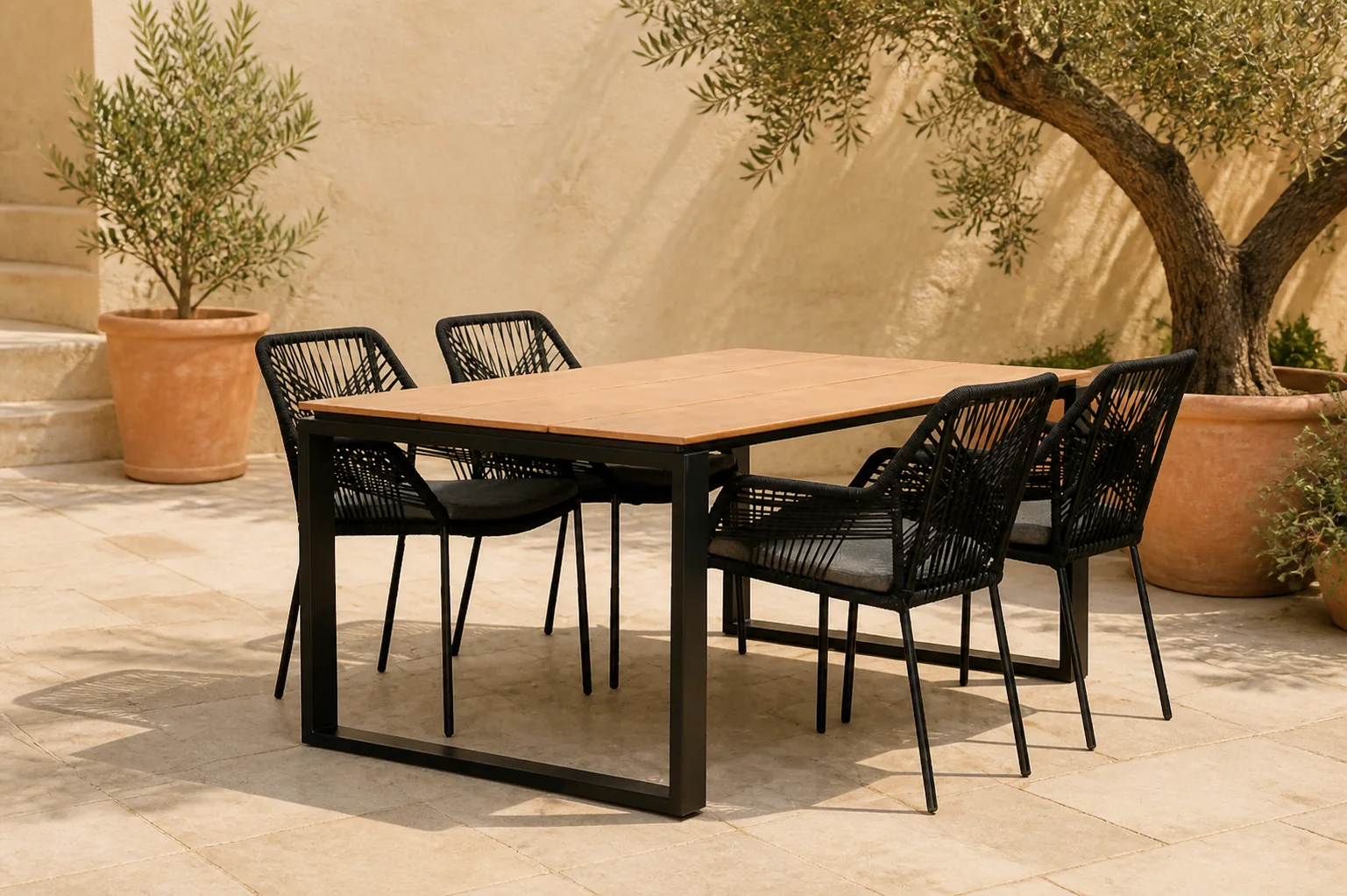 Sfeerfoto van LUX outdoor living Helsinki Natural/Seville zwart dining tuinset | 4 personen | polywood + touw | 160cm – Light Teak, Zwart