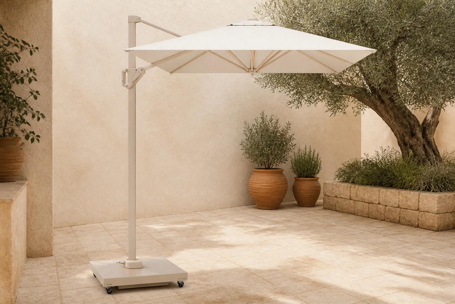 Sfeerfoto van Platinum Voyager zweefparasol 300x200c m T1 (excl. voet) Ivoor – Zand/Beige