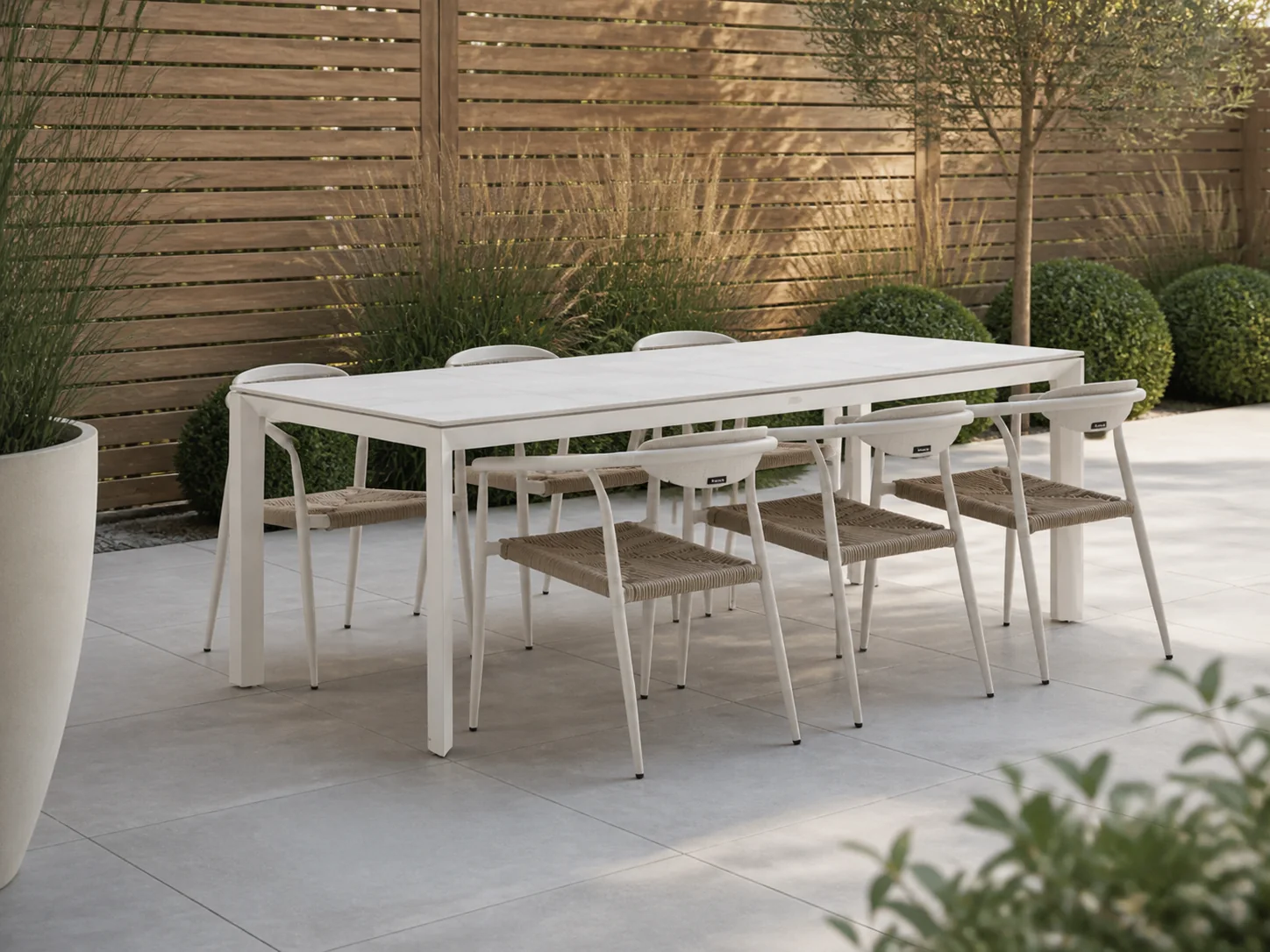 Sfeerfoto van Manifesto Furniture Cavone/Sestino 220cm dining tuinset 7-delig stapelbaar – Wit
