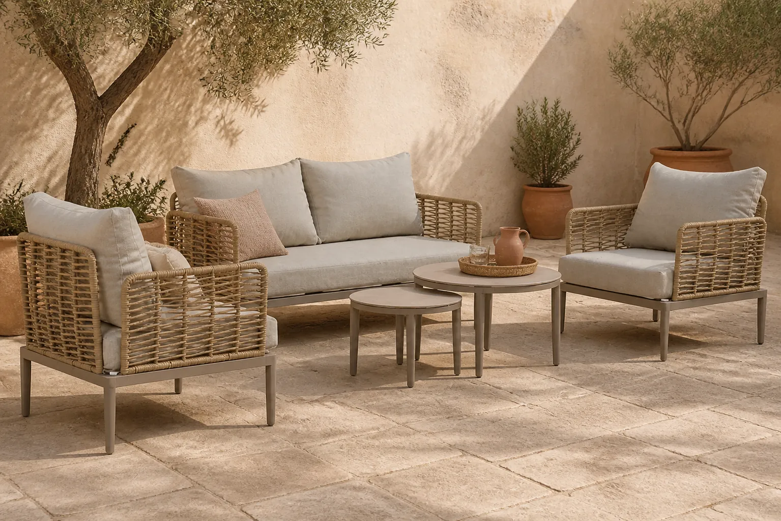 Sfeerfoto van Coco Ibiza stoel-bank loungeset 4-delig – Taupe-naturel-bruin