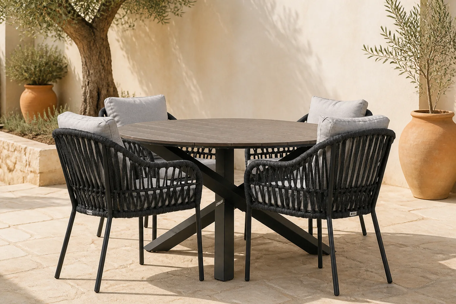 Sfeerfoto van Coco Puerto/Ancona 125 cm dining tuinset 5-delig – Grijs-antraciet