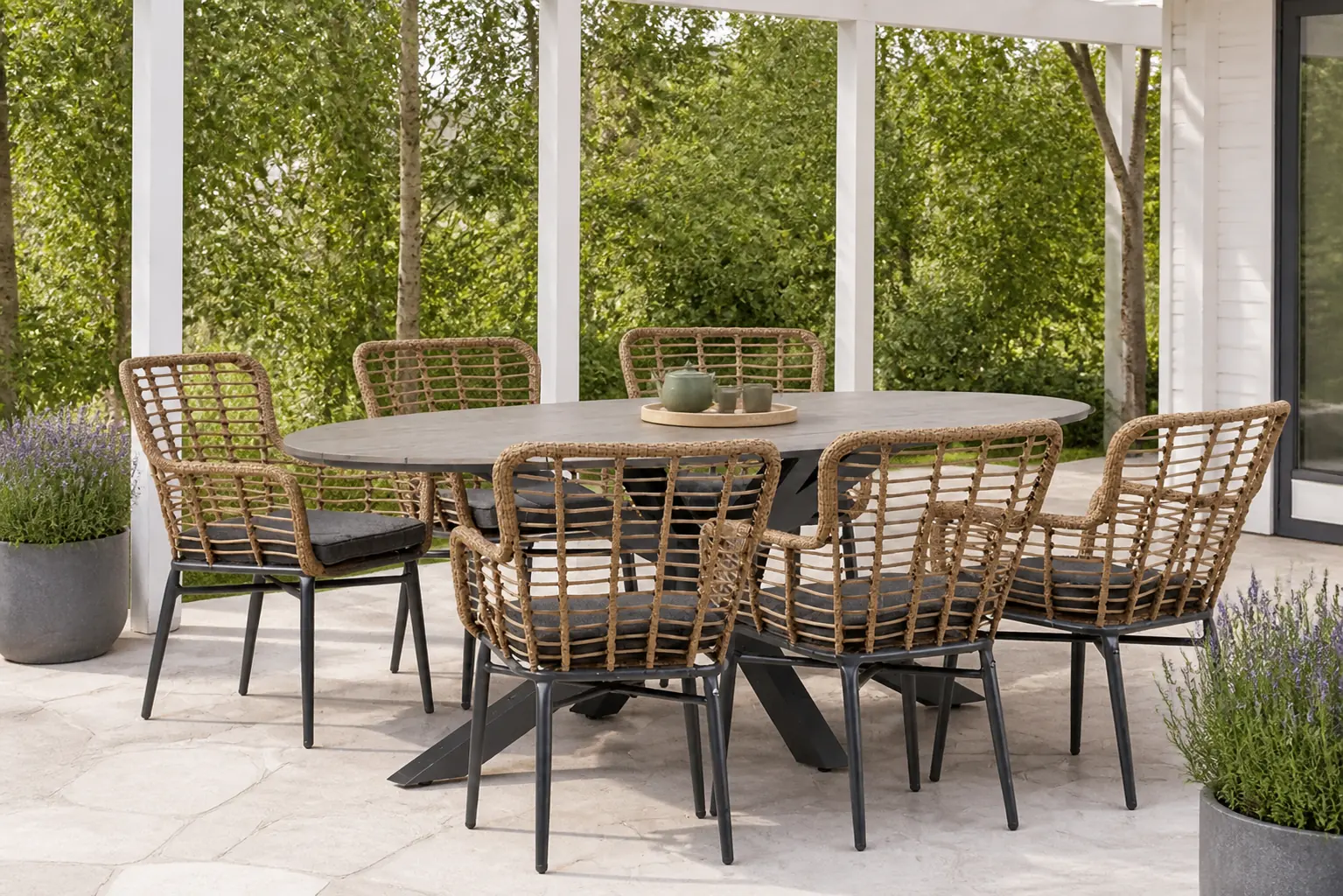 Sfeerfoto van De Laan Projects Laan Toledo/Matara 220 cm dining tuinset 7-delig – Taupe-naturel-bruin