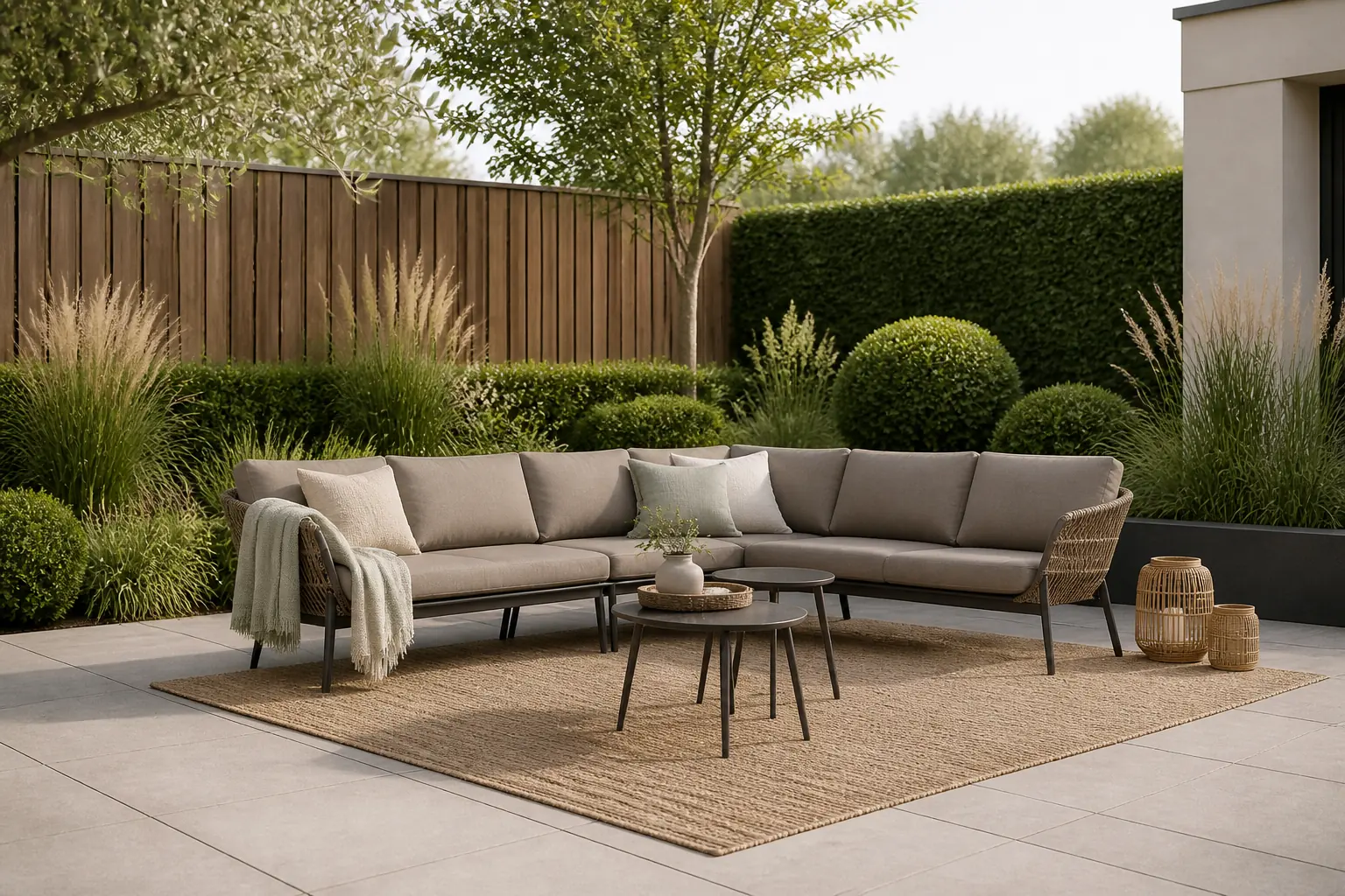 Sfeerfoto van Coco Nathan/Enchante 60/40 cm hoek loungeset 6-delig – Taupe-naturel-bruin