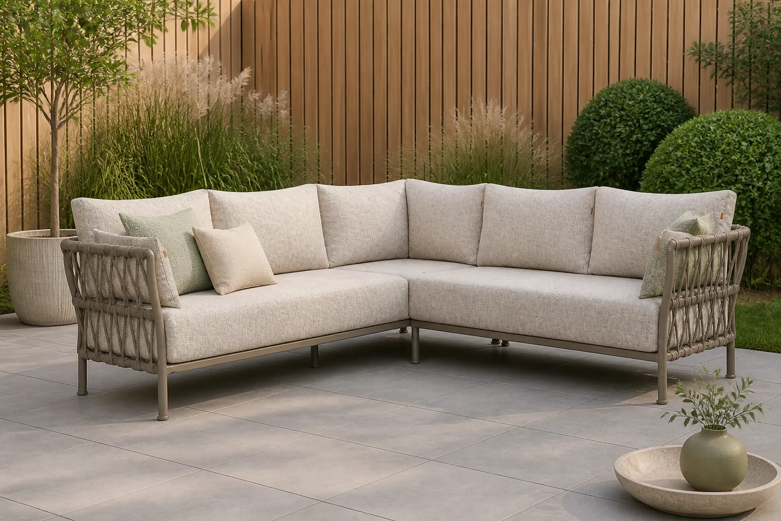 Sfeerfoto van Santika Furniture Miyoura hoek loungeset 3-delig – Taupe-naturel-bruin