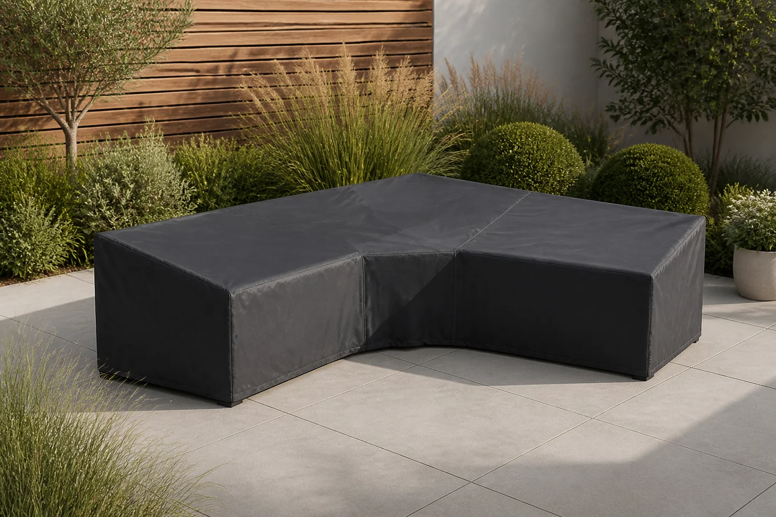 Sfeerfoto van Platinum AeroCover | Loungesethoes 270 x 270 x 90 x 65-90(h) cm | L-vorm Trapeze