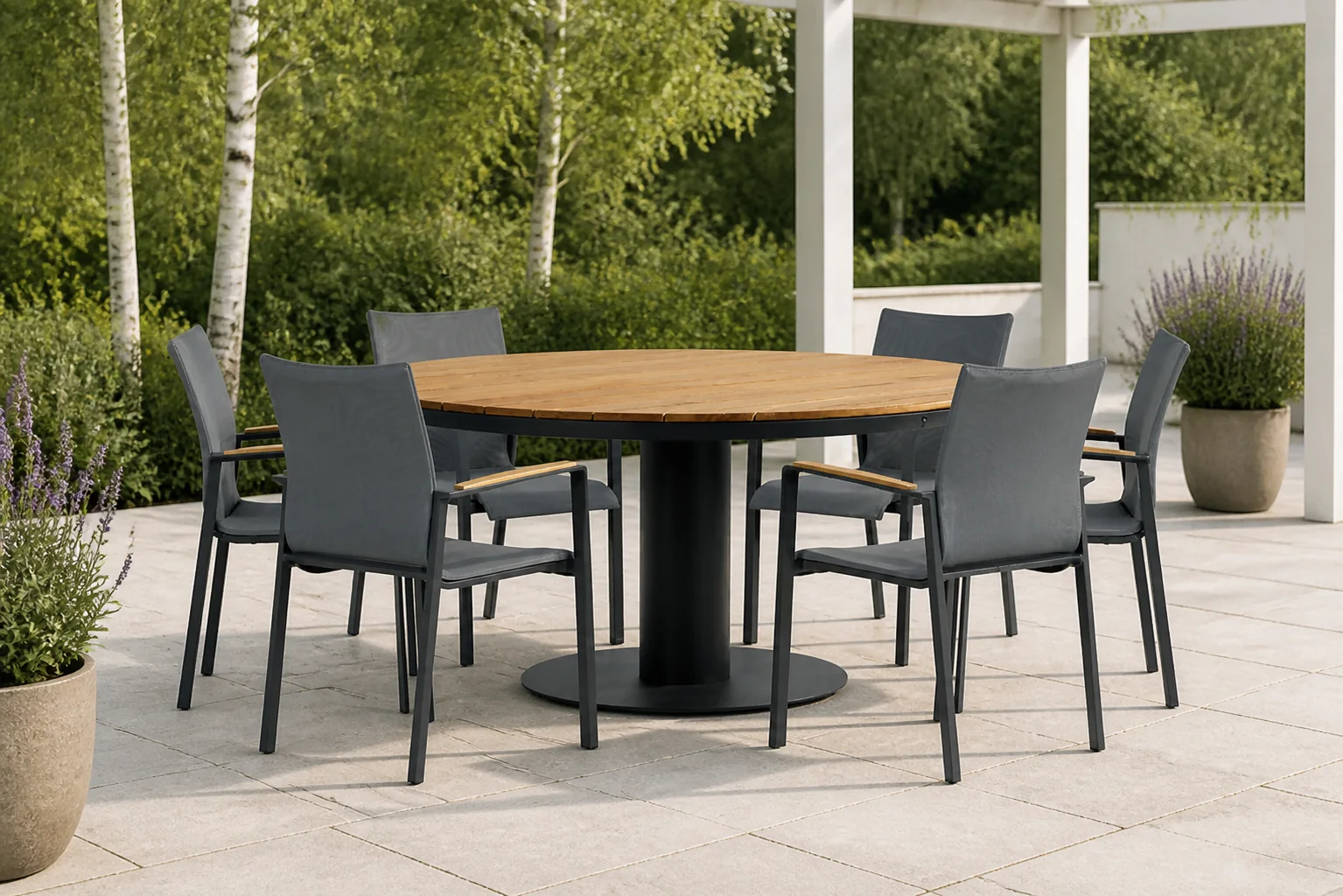 Sfeerfoto van Lifestyle Garden Furniture Brandon/Salerno 160 cm dining tuinset 7-delig – Grijs-antraciet