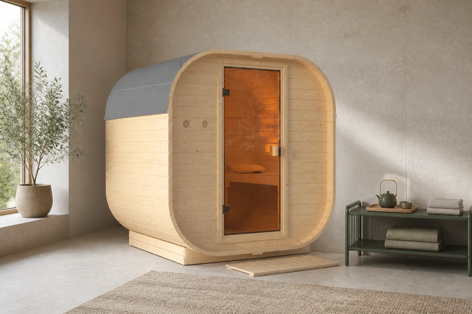 Sfeerfoto van Karibu | Barrelsauna Quadro 1 | Kachel 9 kW Geïntegreerde Bediening