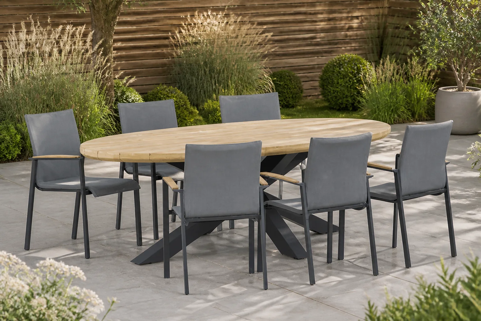 Sfeerfoto van Lifestyle Garden Furniture Brandon/Diogo 240 cm dining tuinset 7-delig – Grijs-antraciet