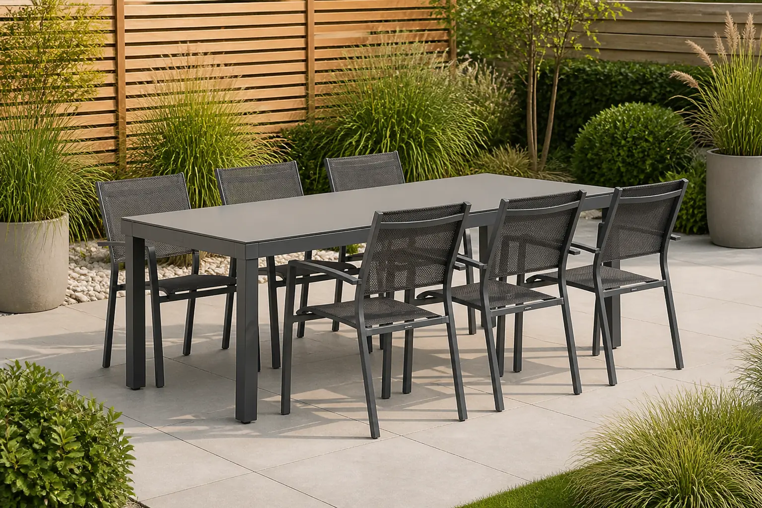Sfeerfoto van Lifestyle Garden Furniture Sella/Porto 220 cm dining tuinset 7-delig – Grijs-antraciet