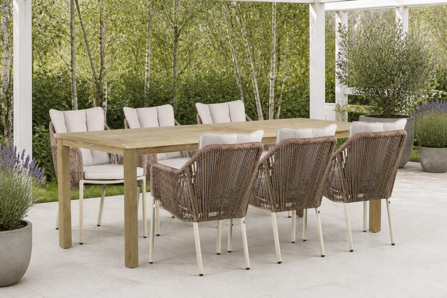 Sfeerfoto van De Laan Projects Laan Marbella/Weston 210 cm dining tuinset 7-delig – Taupe-naturel-bruin