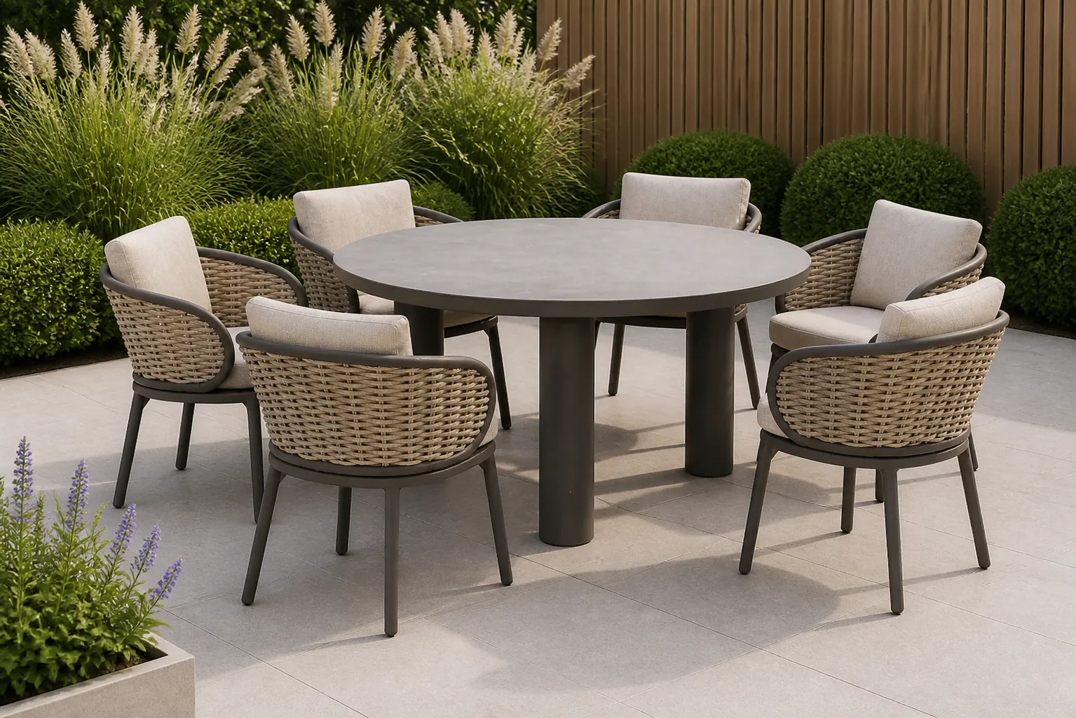 Sfeerfoto van Apple Bee Pine Key/Arancia 150 cm dining tuinset 7-delig – Taupe-naturel-bruin