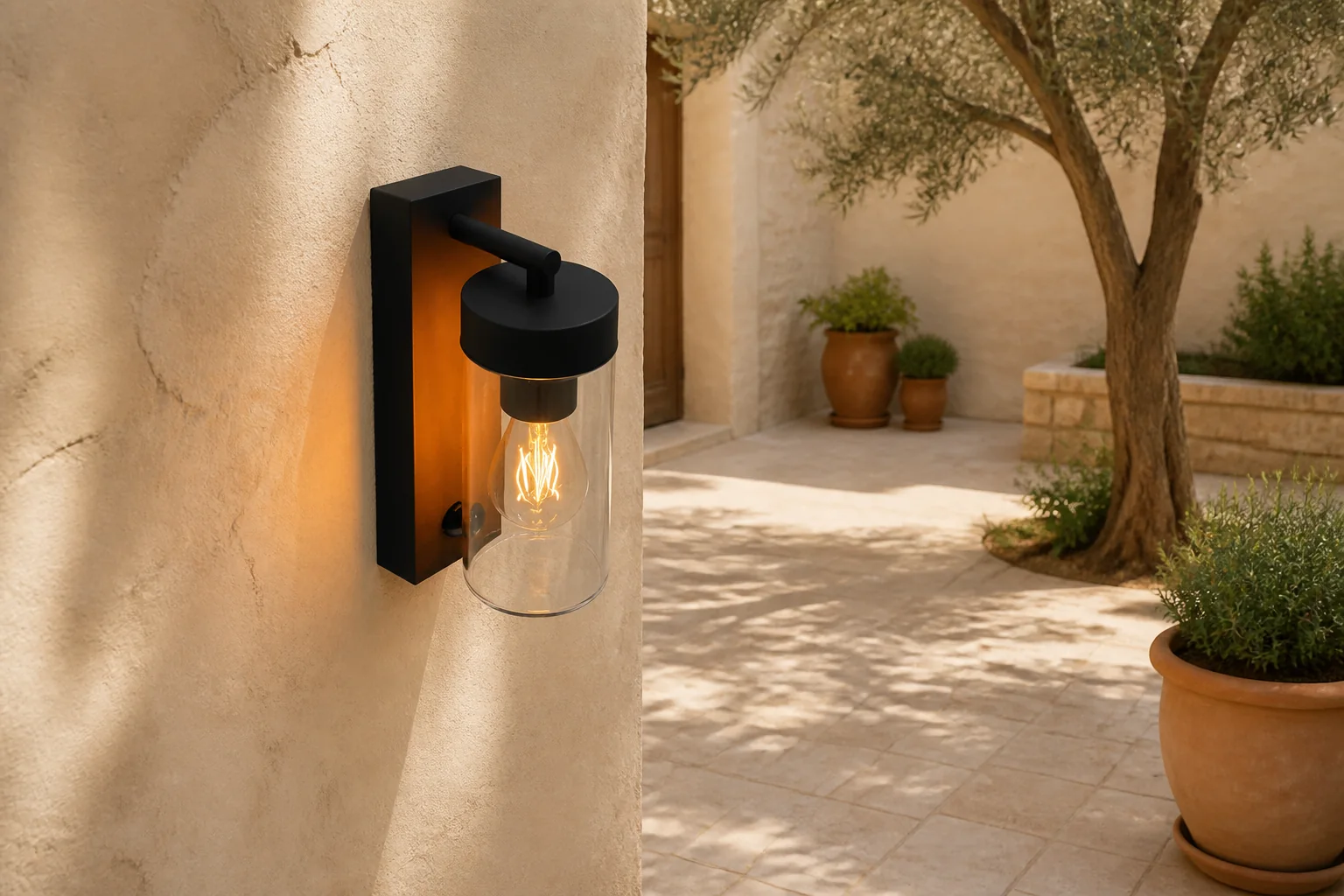 Sfeerfoto van Calex outdoor wall light met bewegingssensor – zwart