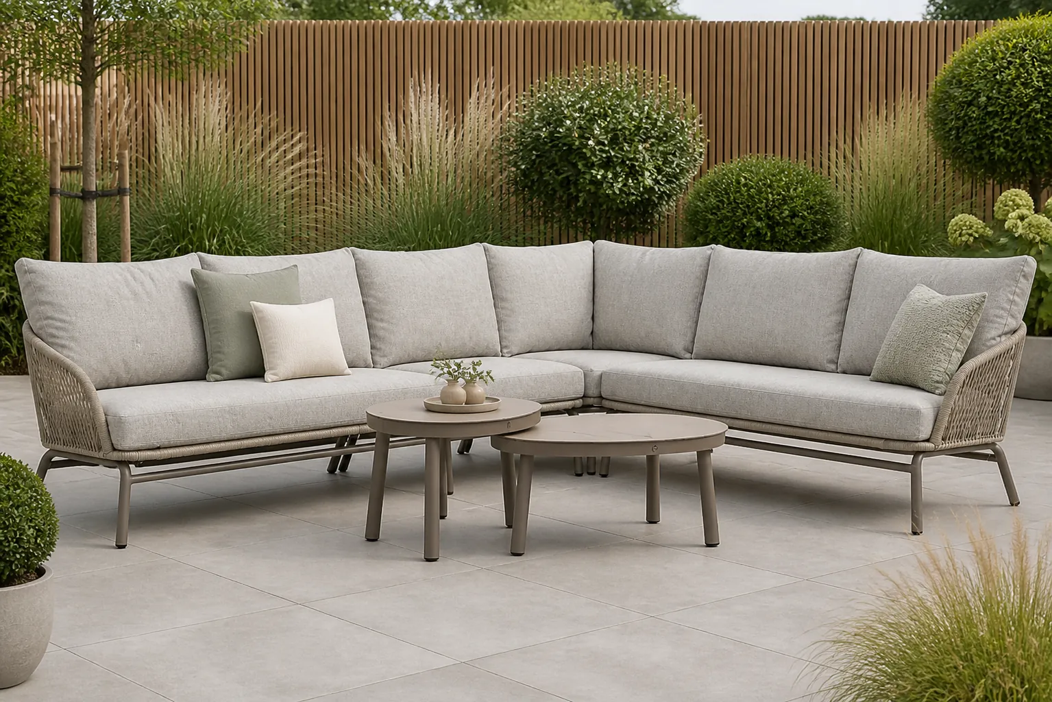 Sfeerfoto van Coco Livo hoek loungeset 6-delig – Taupe-naturel-bruin