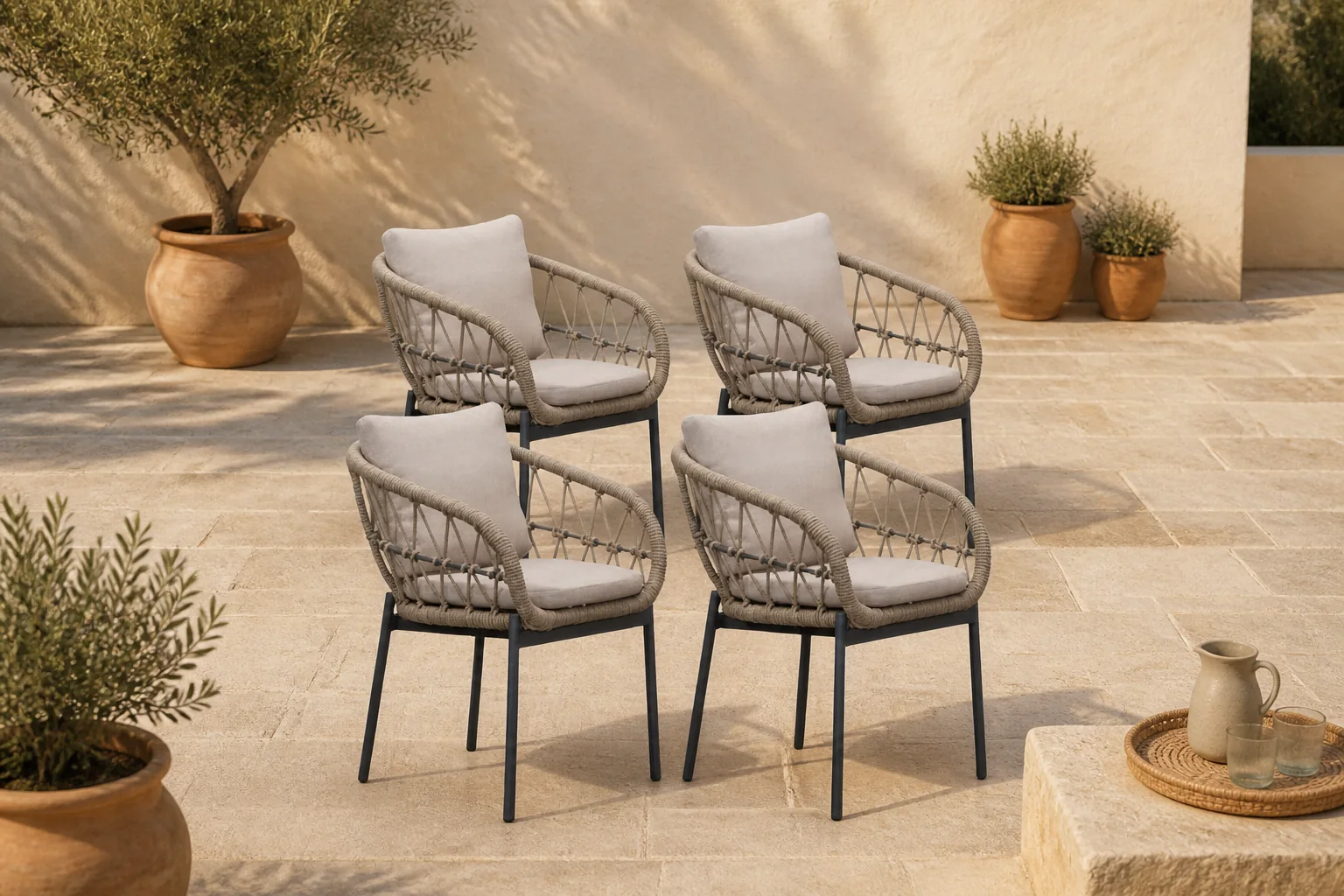 Sfeerfoto van LUX outdoor living Dakota dining tuinstoel set van 6 | touw + aluminium | beige/antraciet
