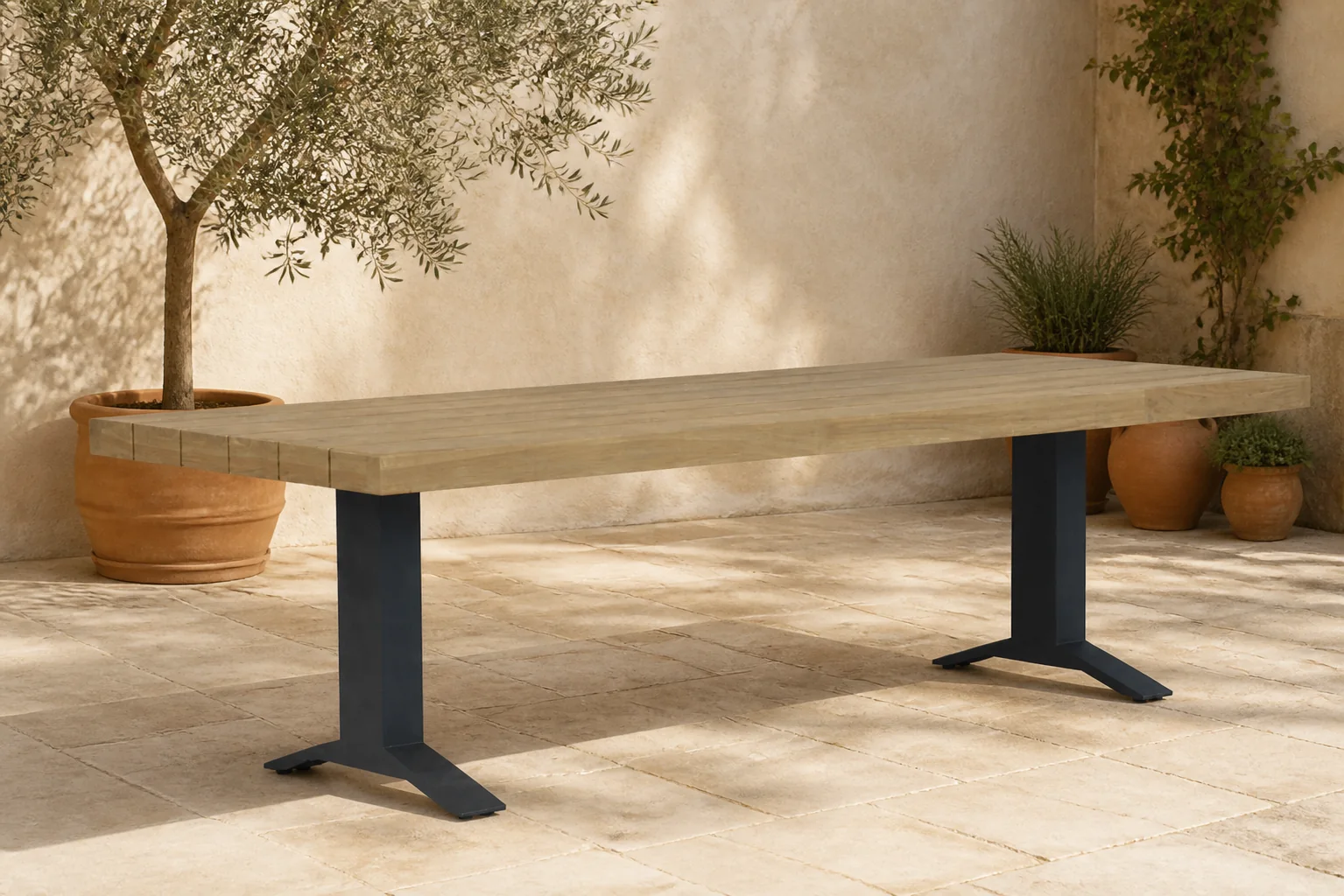 Sfeerfoto van Santika Furniture Superior dining tuintafel 260 x 100 cm – Old teak greywash