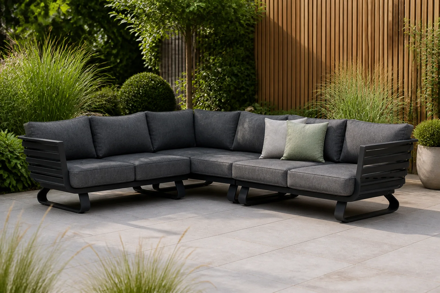 Sfeerfoto van Santika Furniture Sovita hoek loungeset 3-delig – Grijs-antraciet