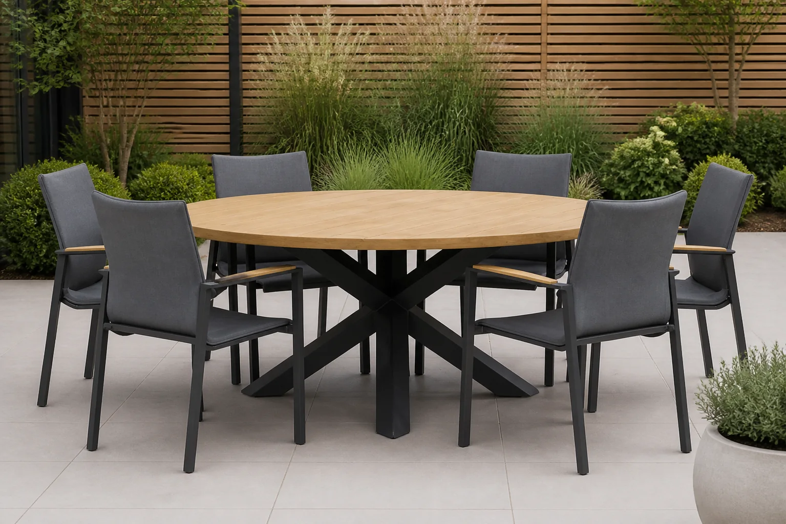 Sfeerfoto van Lifestyle Garden Furniture Brandon/Rockville 160 cm rond dining tuinset 7-delig – Grijs-antraciet