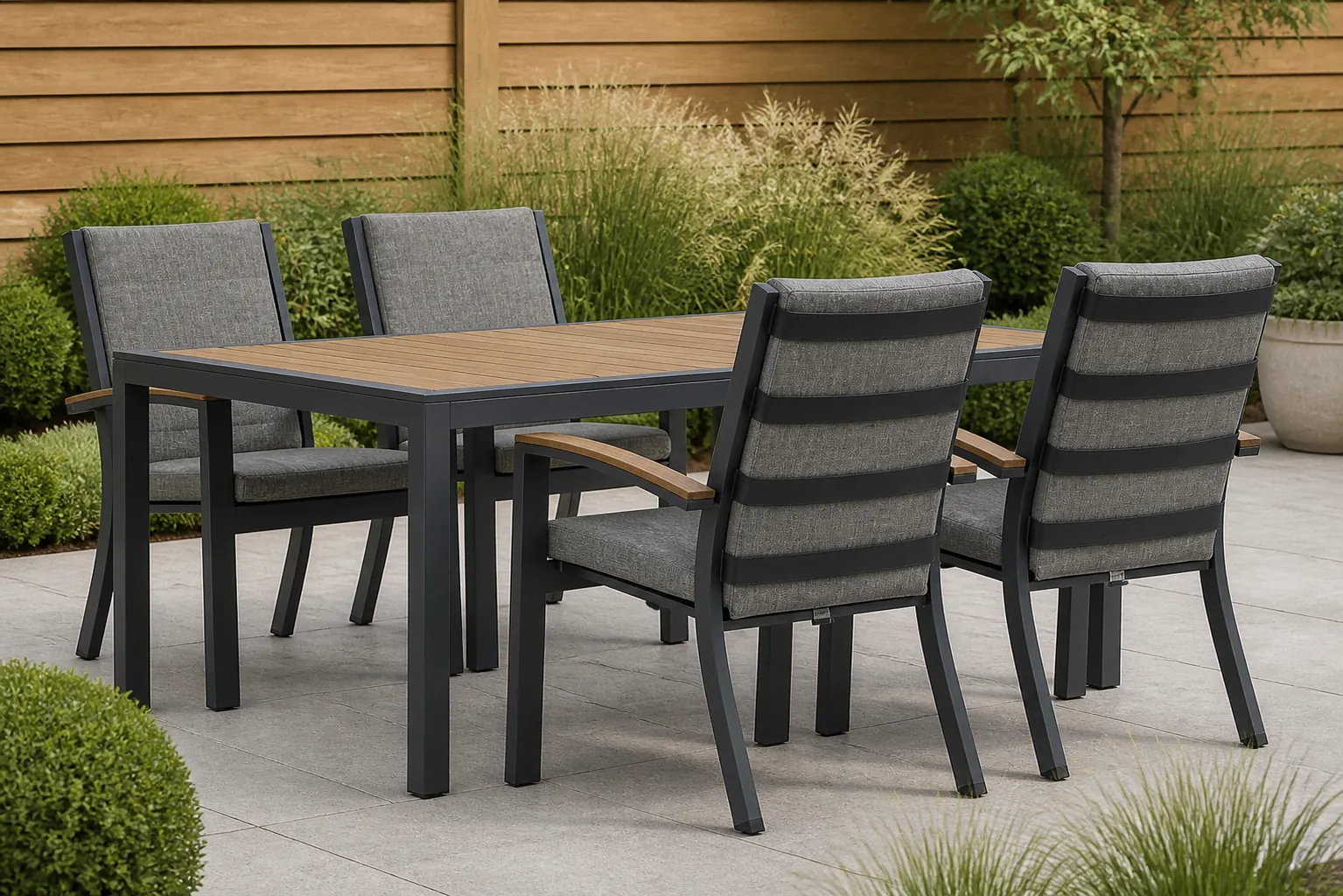 Sfeerfoto van Osmen Midura/Valence 180 cm dining tuinset 5-delig – Grijs-antraciet