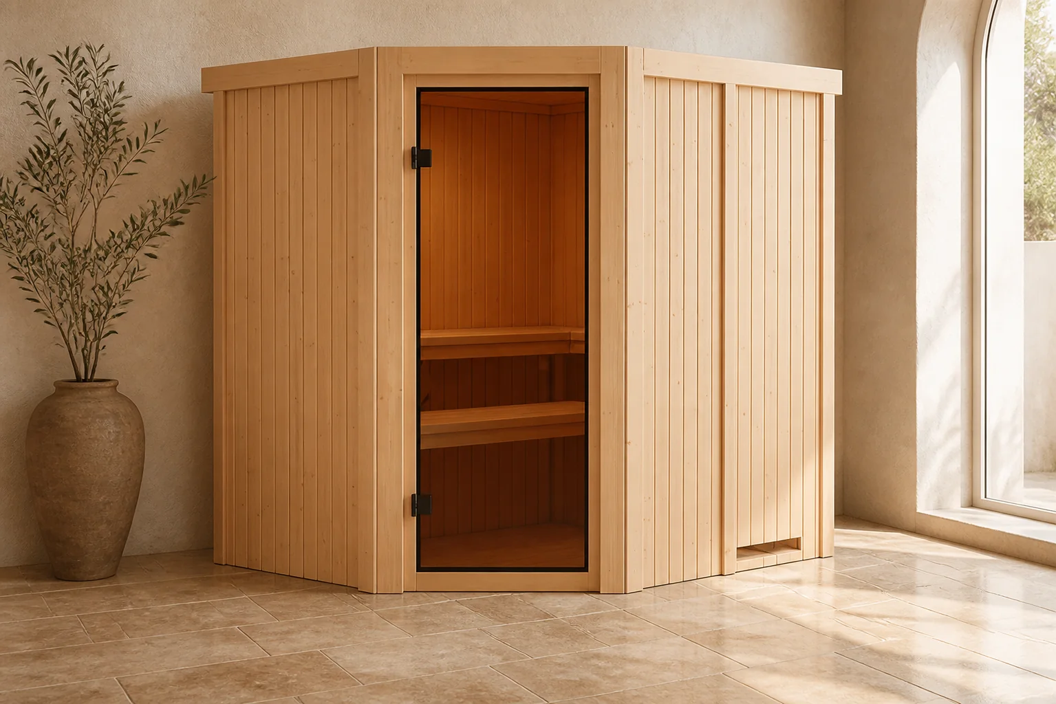 Sfeerfoto van Karibu | Lilja Sauna | Energiesparende Deur | Biokachel 3,6 kW Externe Bediening